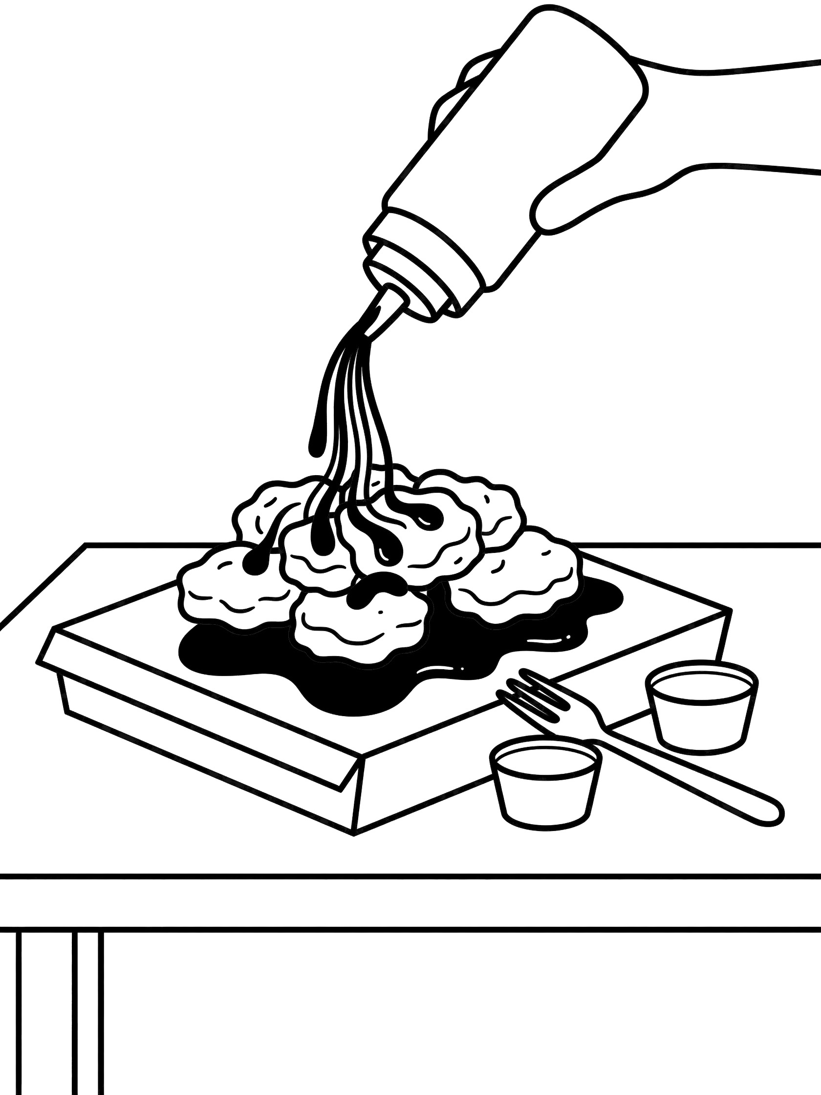 Line art coloring page showing a pile of chicken nuggets on a takeout box lid with sauce streams pouring from a squeeze bottle, sauce pooling around base, dipping cups and fork on lunch table