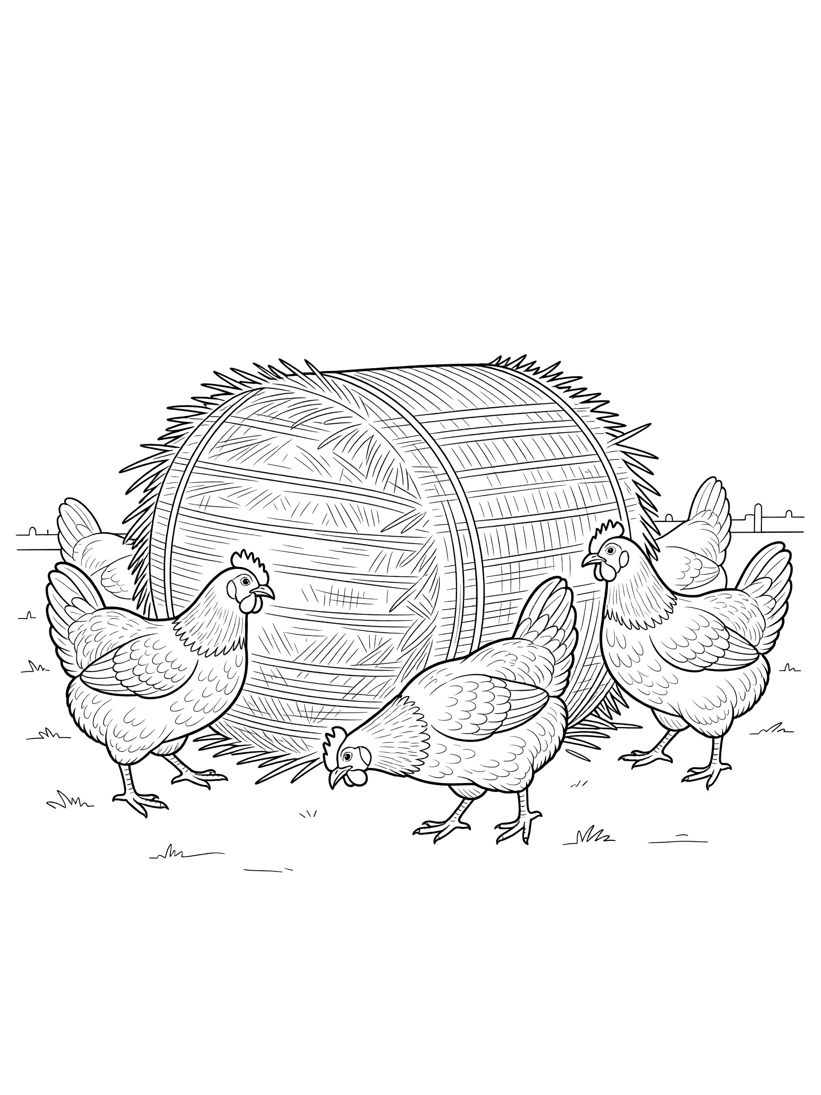 Line art coloring page showing four chickens standing and pecking around a large round hay bale with straw details.