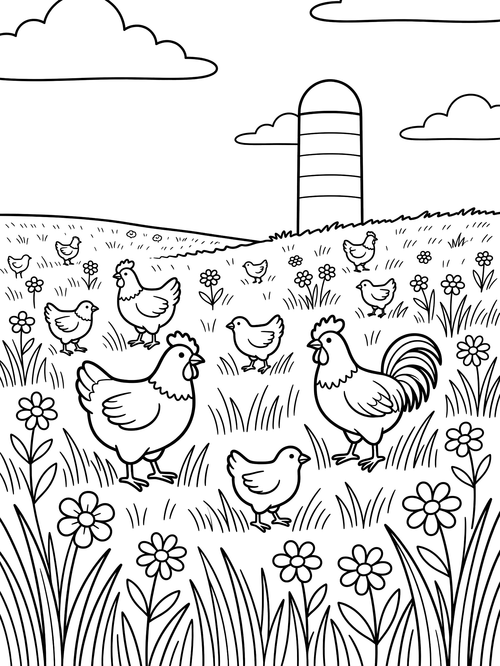 Printable coloring page showing several chickens and a rooster in tall grass and wildflowers, with a striped silo in the background under cloudy skies.