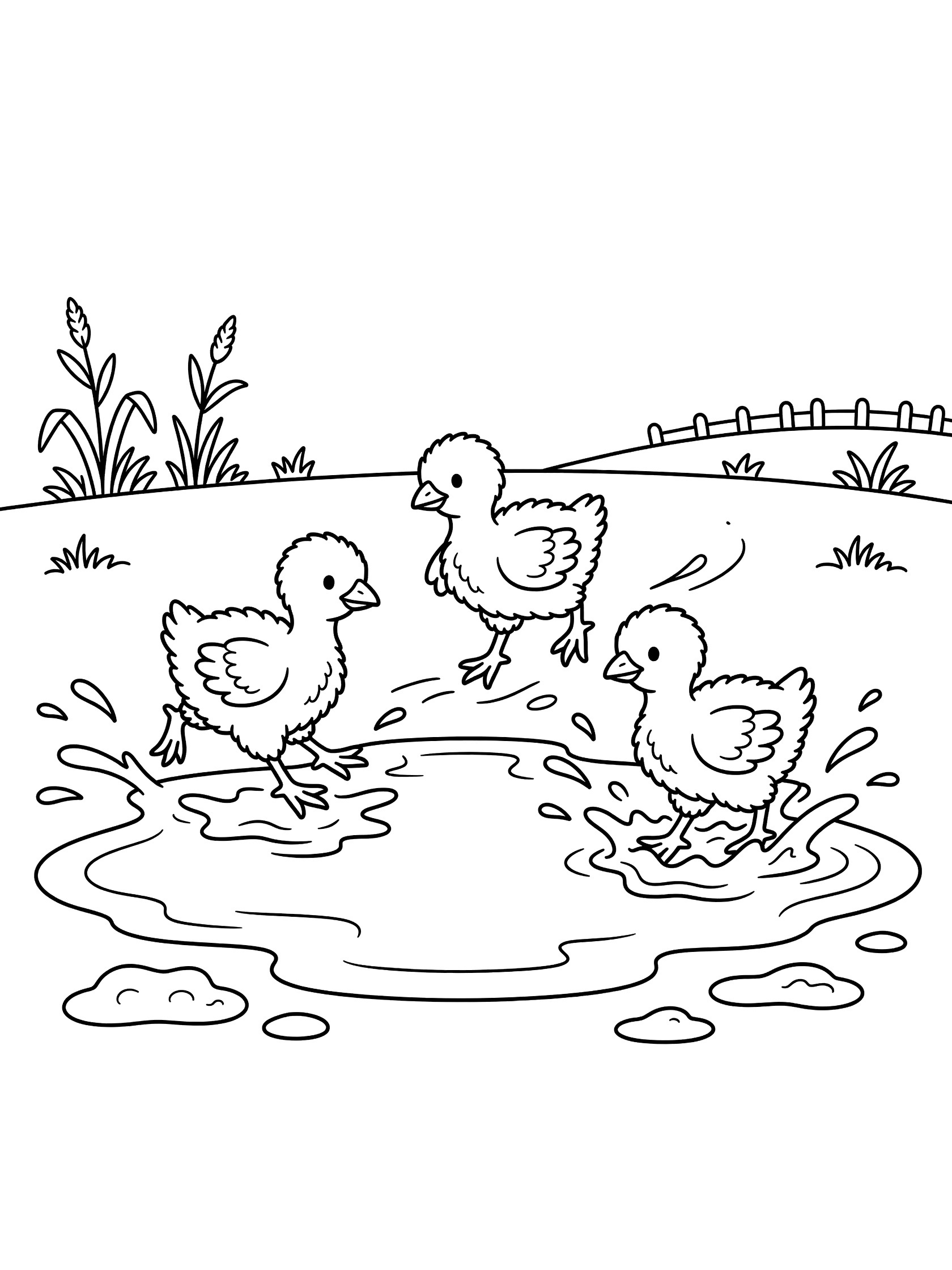 Black and white line art coloring page showing three fluffy baby chicks playfully jumping and splashing in a round mud puddle surrounded by grass, wheat stalks, and a simple fence. Turkeys themed black and white printable line art