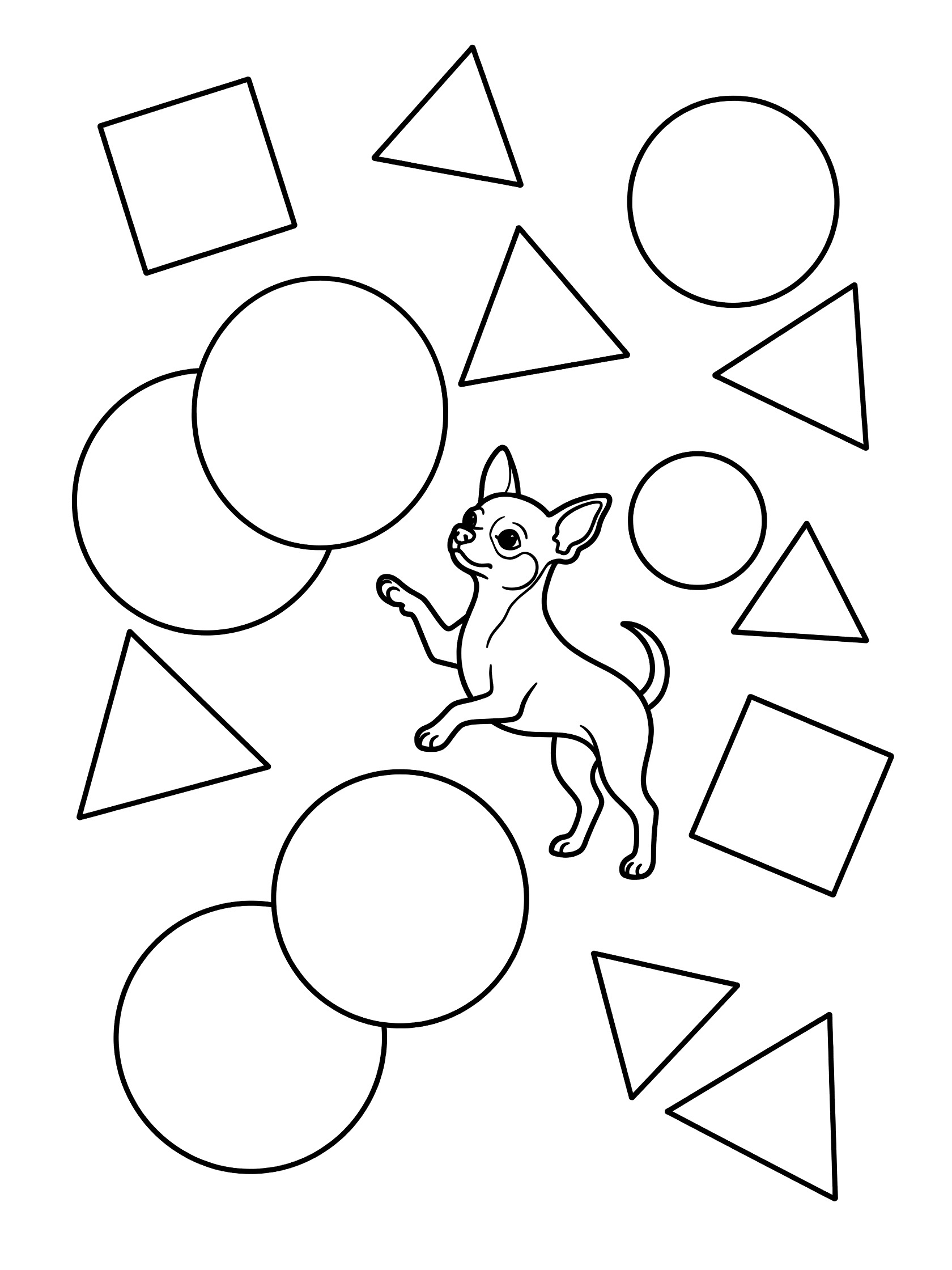 Black and white line art coloring page showing a small Chihuahua dog standing on hind legs surrounded by large geometric shapes like circles triangles and squares