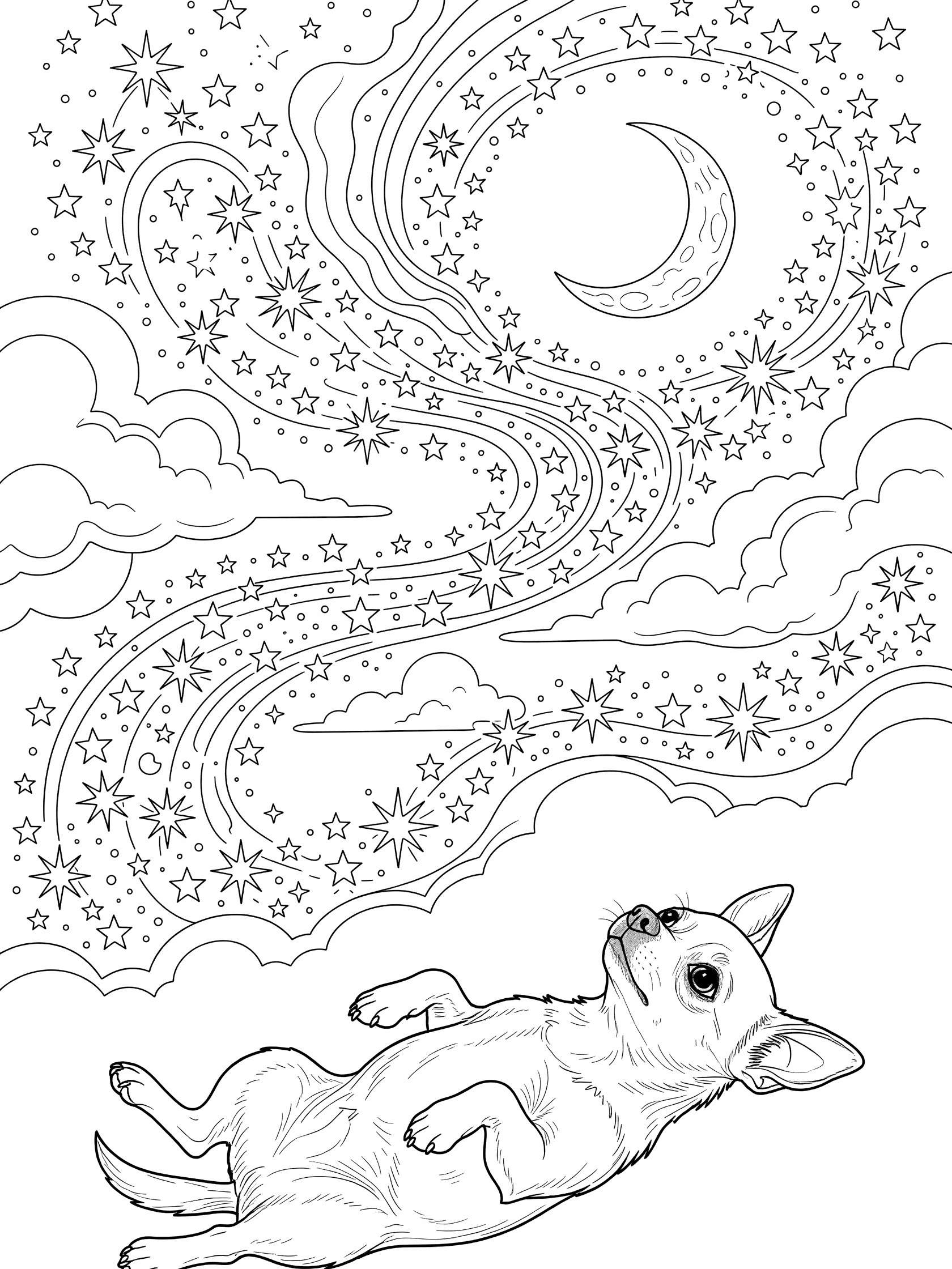 Black and white line art coloring page showing a Chihuahua dog on its back with big eyes gazing at a starry sky, crescent moon, swirling star patterns and puffy clouds.