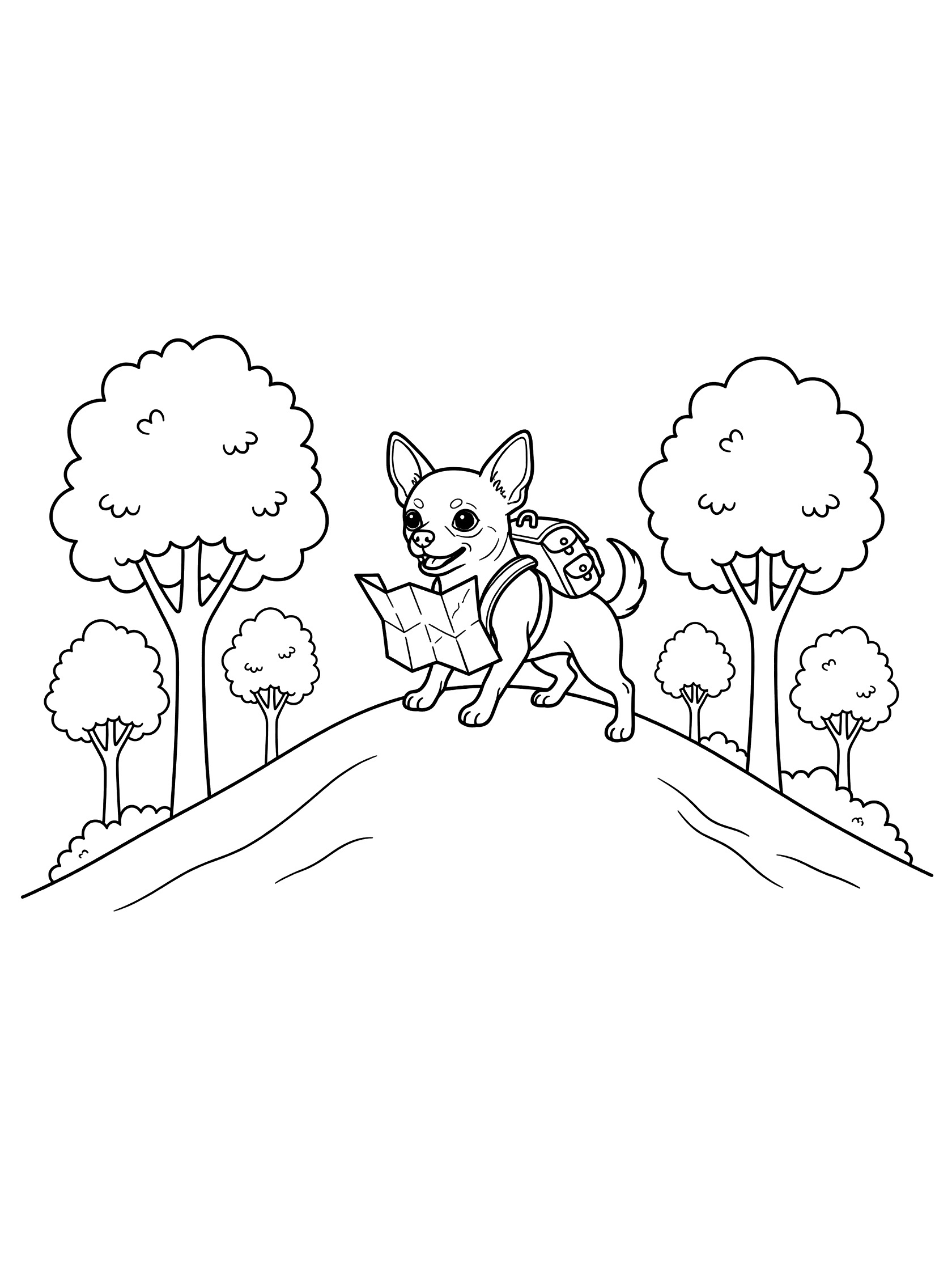Black and white line art coloring page showing a small Chihuahua dog with a backpack on its back, carrying a map in its mouth, on top of a hill surrounded by trees.