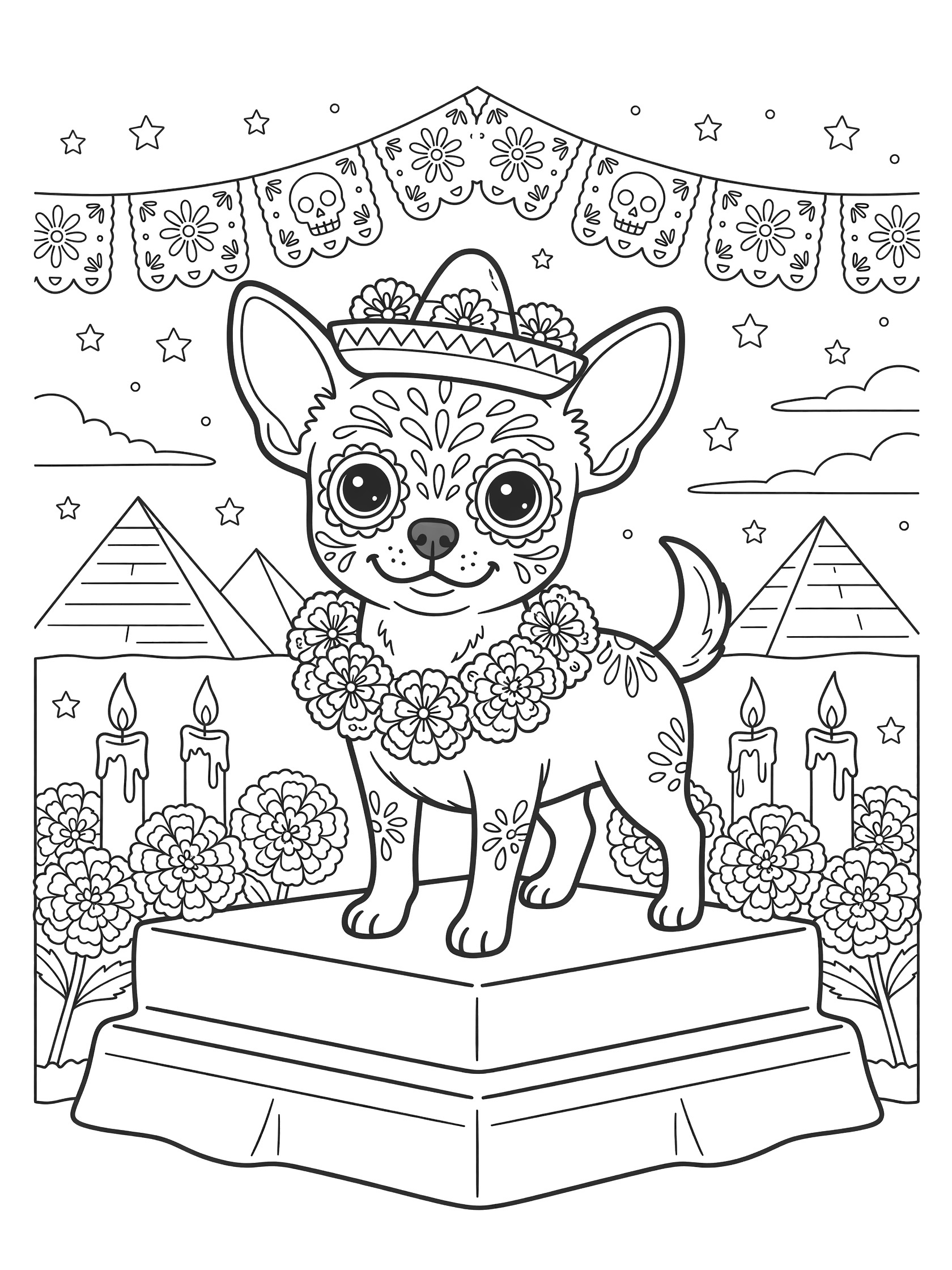 Black and white line art coloring page of a small Chihuahua dog with sugar skull face designs, wearing a tiny sombrero with flowers, standing on a platform surrounded by candles, marigold flowers, hanging banners, starry sky, and pyramids.