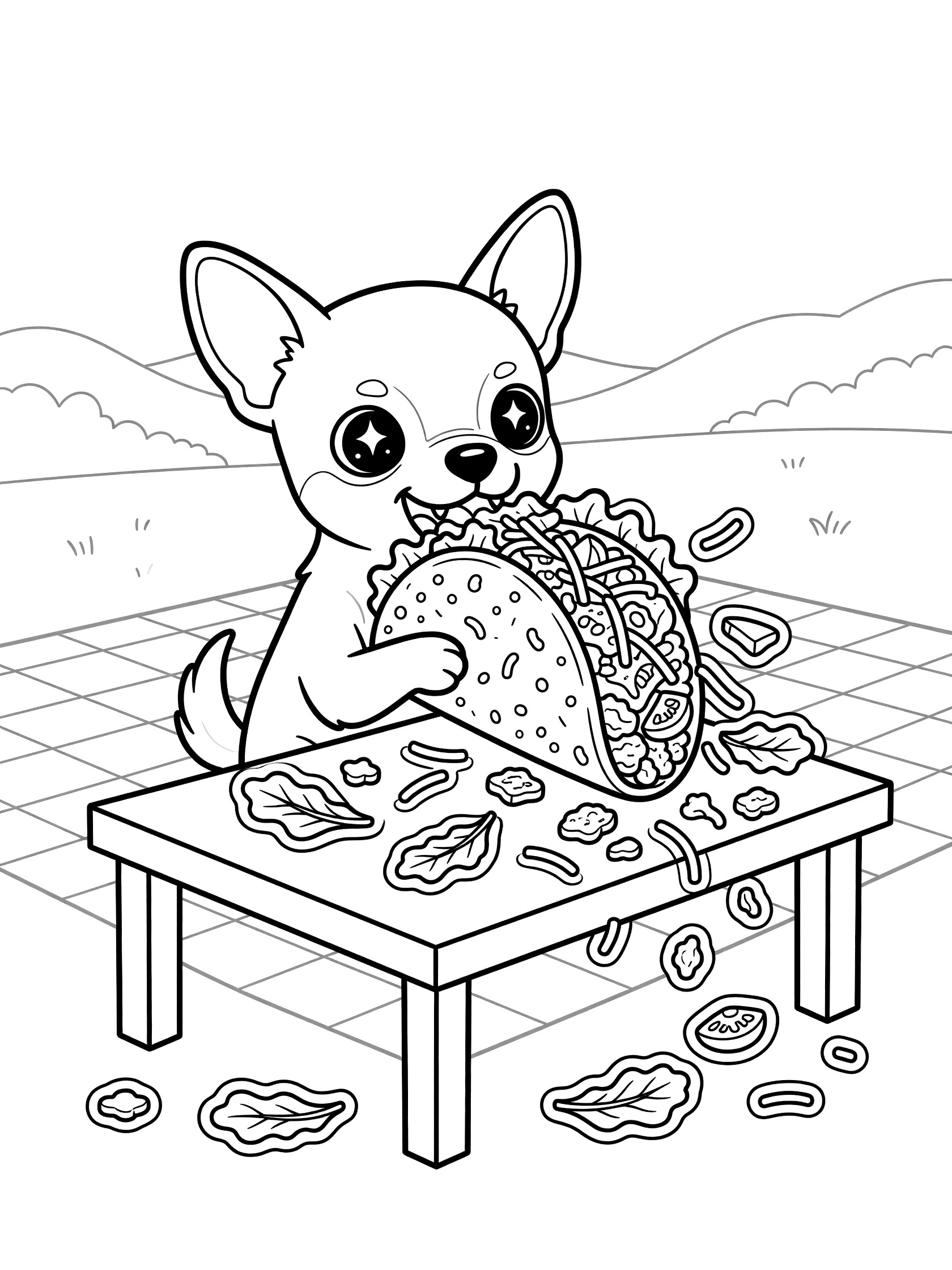 Cartoon chihuahua with big eyes eating a taco at a table, scattered taco bits and lettuce, checkered cloth and hills in background, line art coloring page