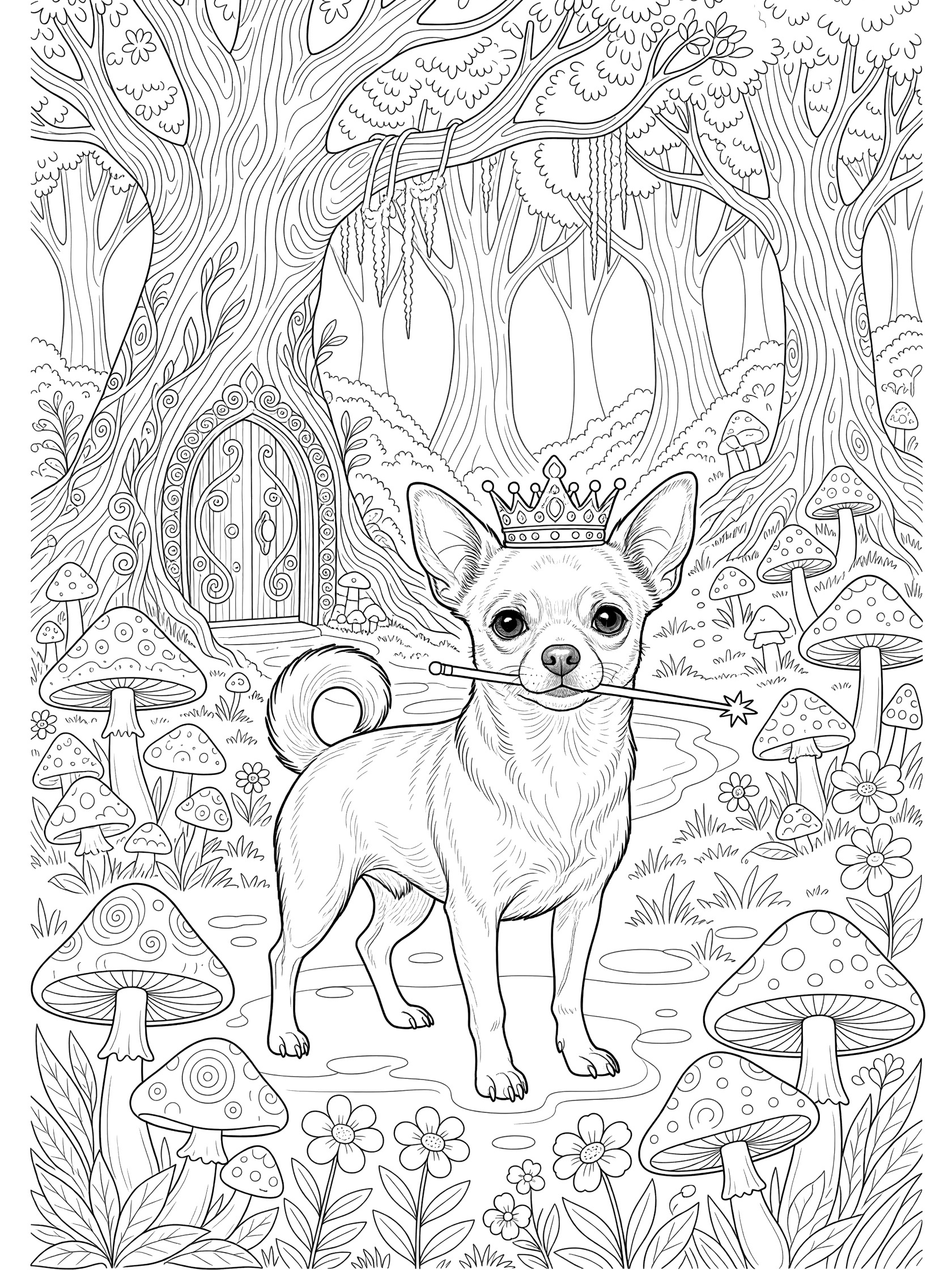 Black and white line art coloring page showing a small Chihuahua dog wearing a crown, holding a magic wand, standing on a path in an enchanted forest with mushrooms, flowers, tall trees, and a round fairy door.