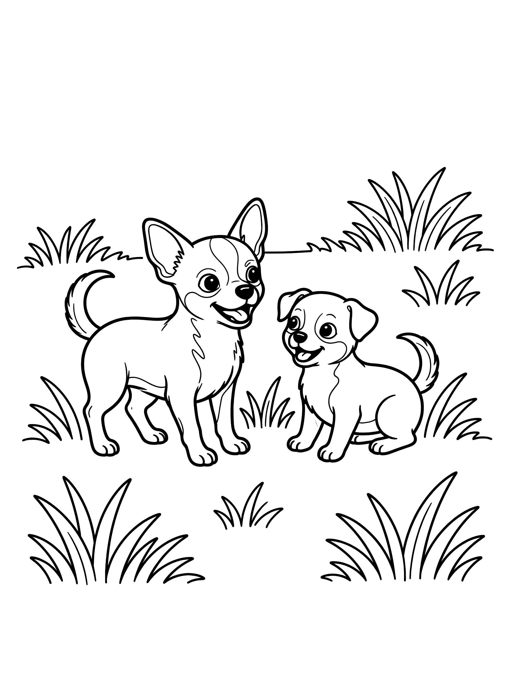 Black and white line art coloring page showing a chihuahua dog sitting next to a small puppy on a grassy patch, both with wagging tails and happy faces looking at each other.