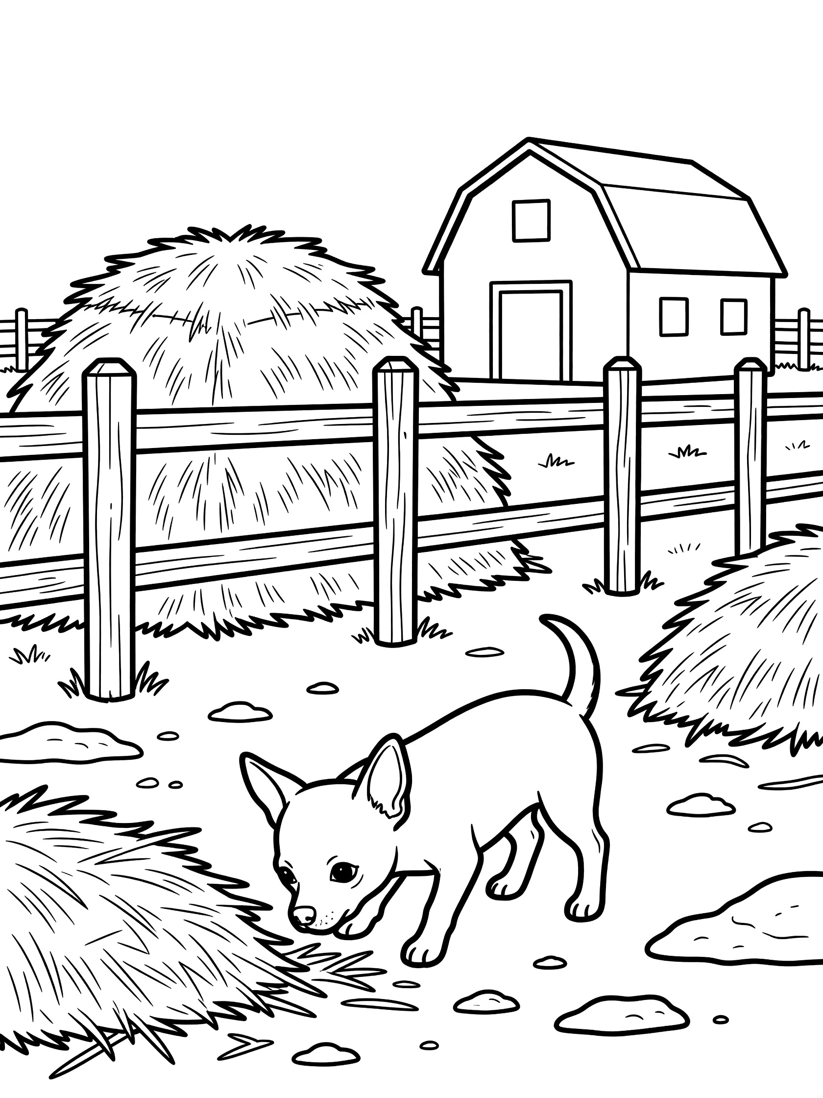 Black and white line art coloring page showing a small chihuahua puppy walking and sniffing on farm ground with haystacks, wooden fence, and barn behind.