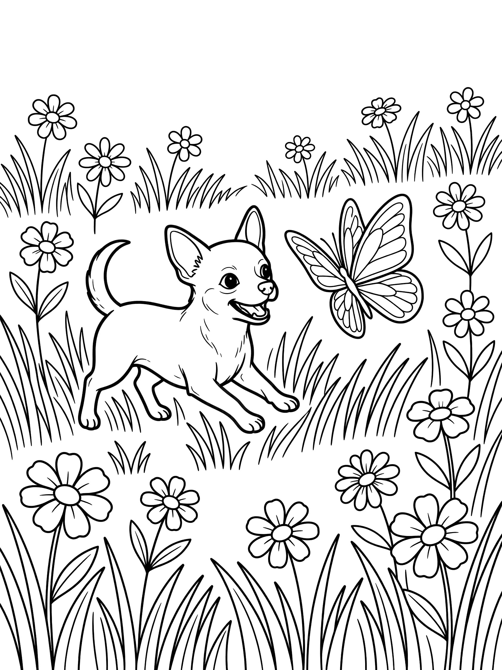 Black and white line art coloring page showing a small Chihuahua dog running after a butterfly surrounded by grass and flowers