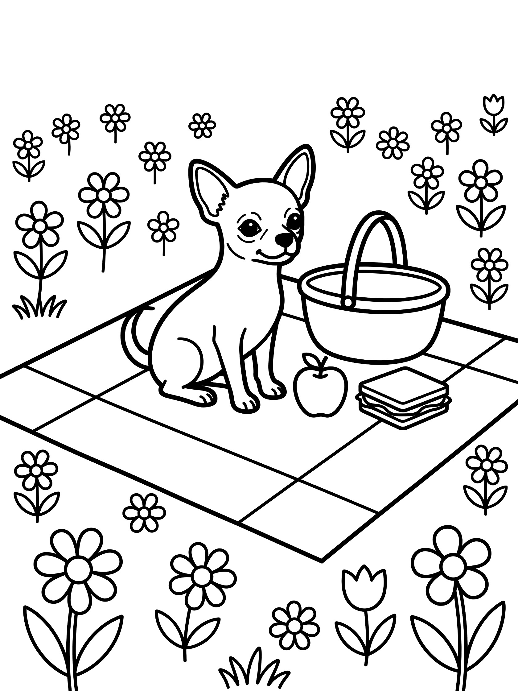 Black and white coloring page of a Chihuahua puppy at a picnic with basket, apple, sandwich on checkered blanket surrounded by flowers