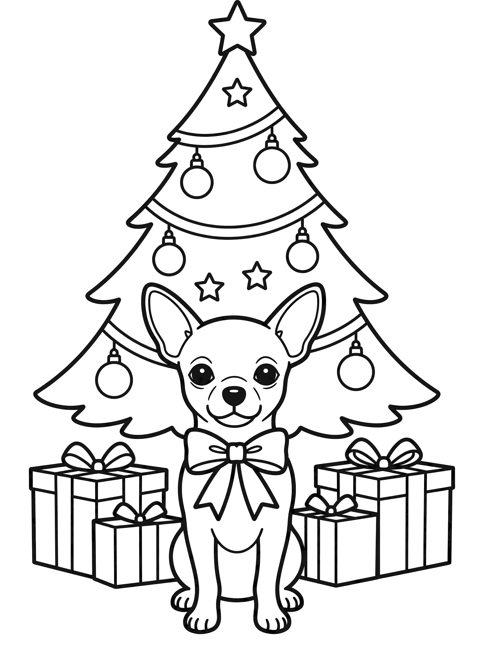 Black and white line art coloring page showing a small Chihuahua dog wearing a bow, sitting in front of a tall Christmas tree with star topper, round ornaments, and stacked gift boxes.