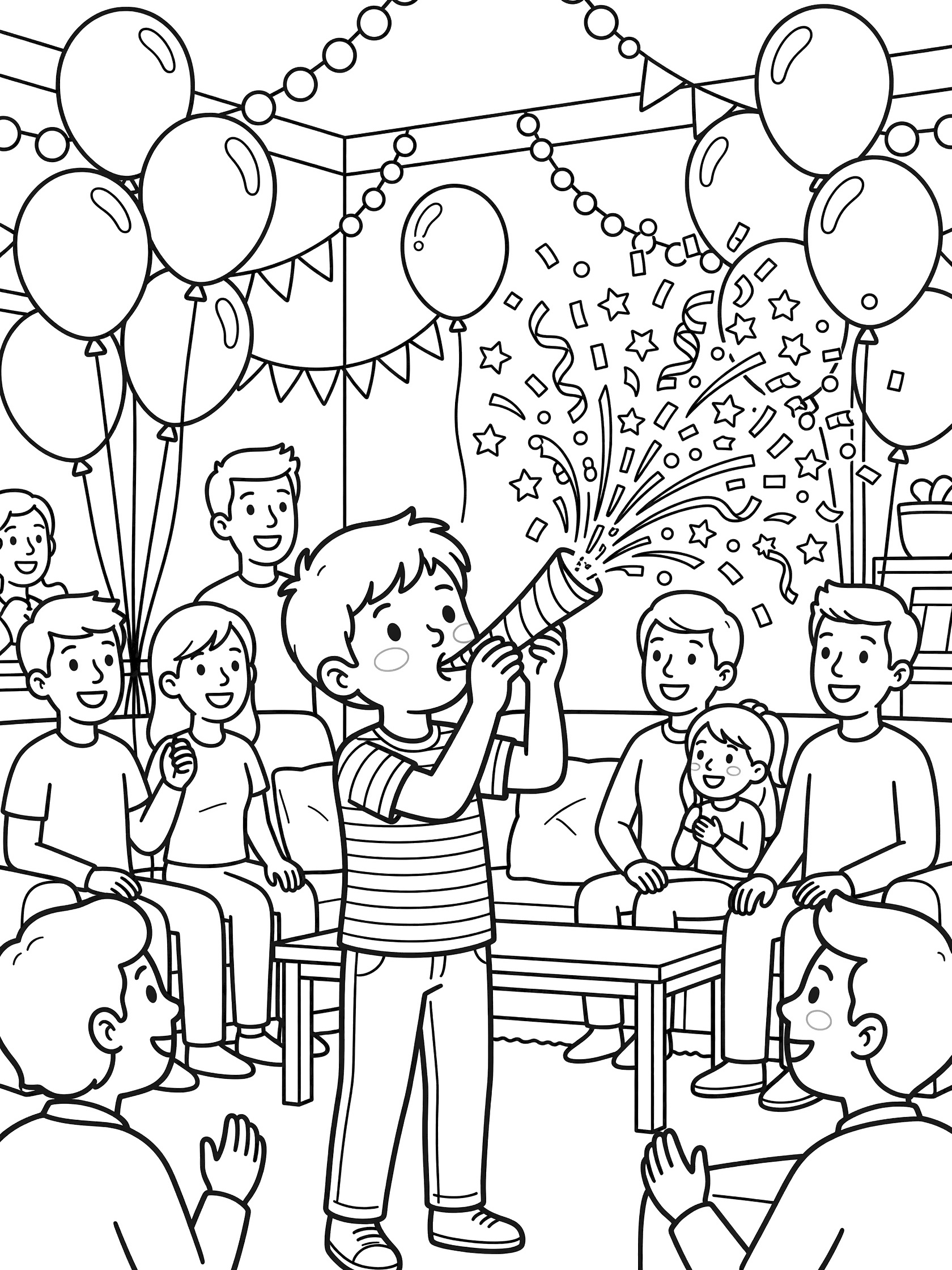 Line art coloring page showing a boy blowing confetti from a horn surrounded by smiling people, balloons, and garlands in a New Year living room party.