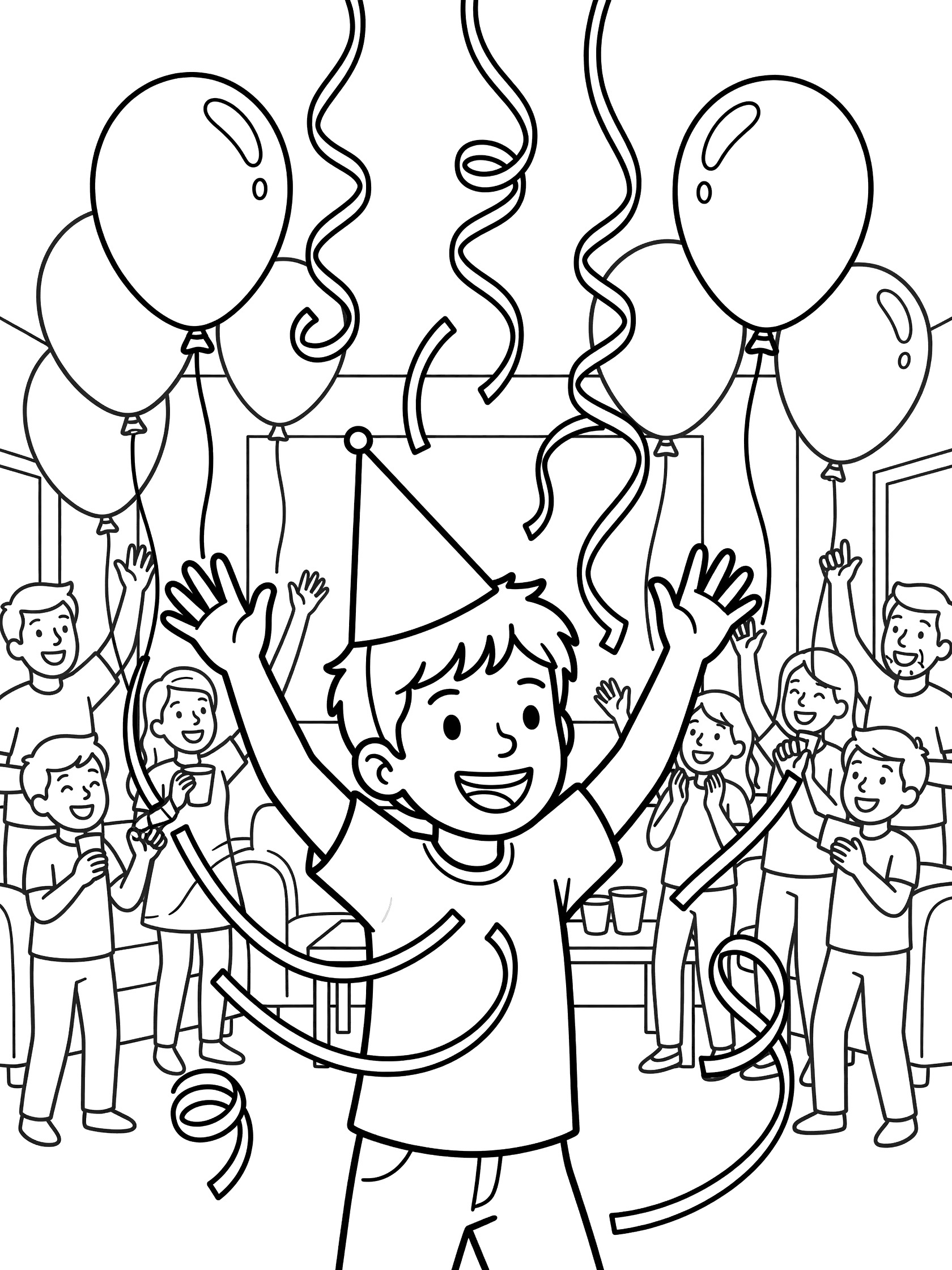 Child wearing conical party hat dances joyfully with raised arms in a festive living room full of balloons, swirling streamers, and background party guests at New Year's Eve bash