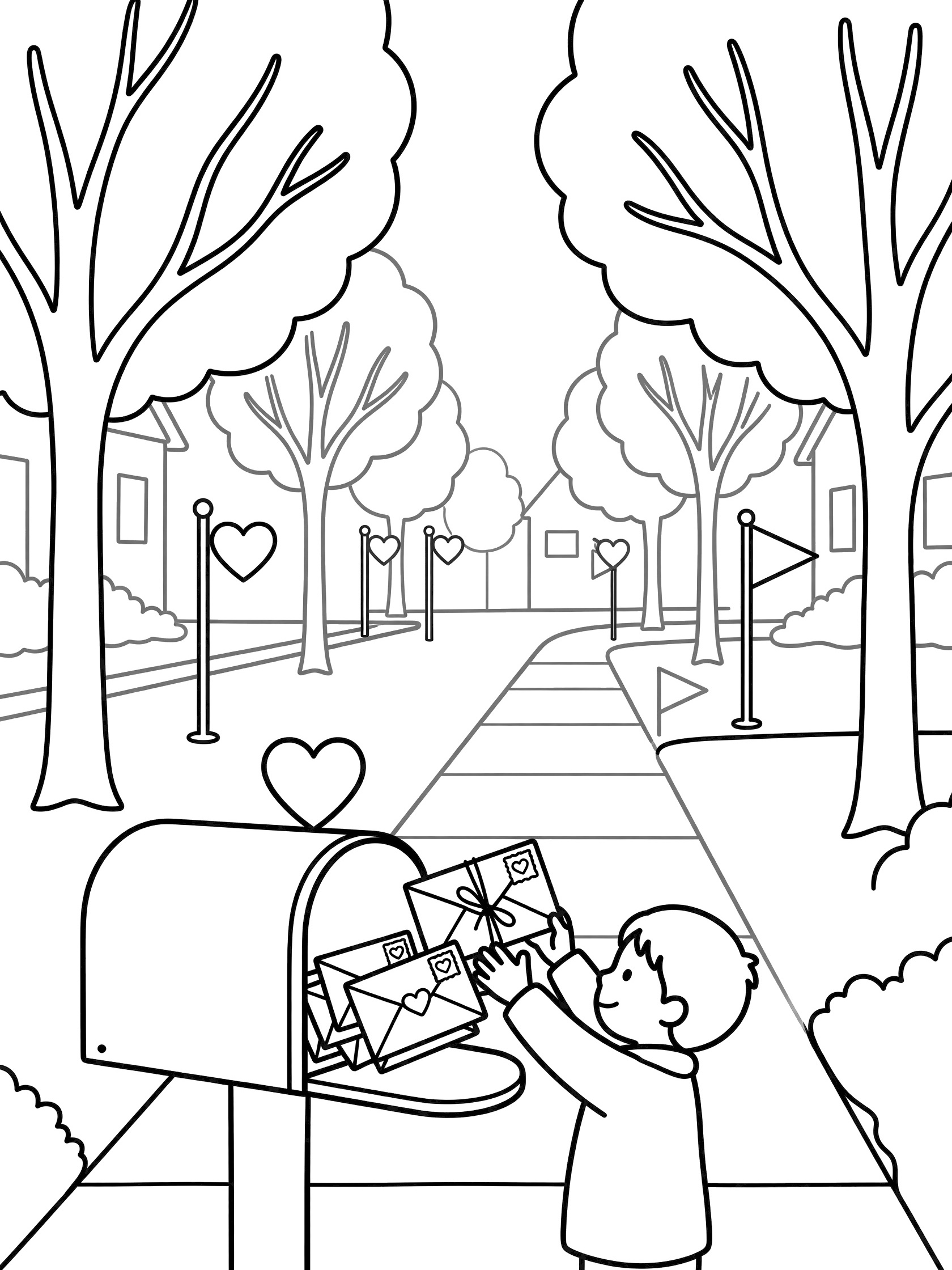 Black and white line art coloring page showing a boy holding a bundle of Valentine's Day cards with heart stamps, dropping them into a heart-shaped mailbox on a sidewalk lined with bare trees and heart flags.