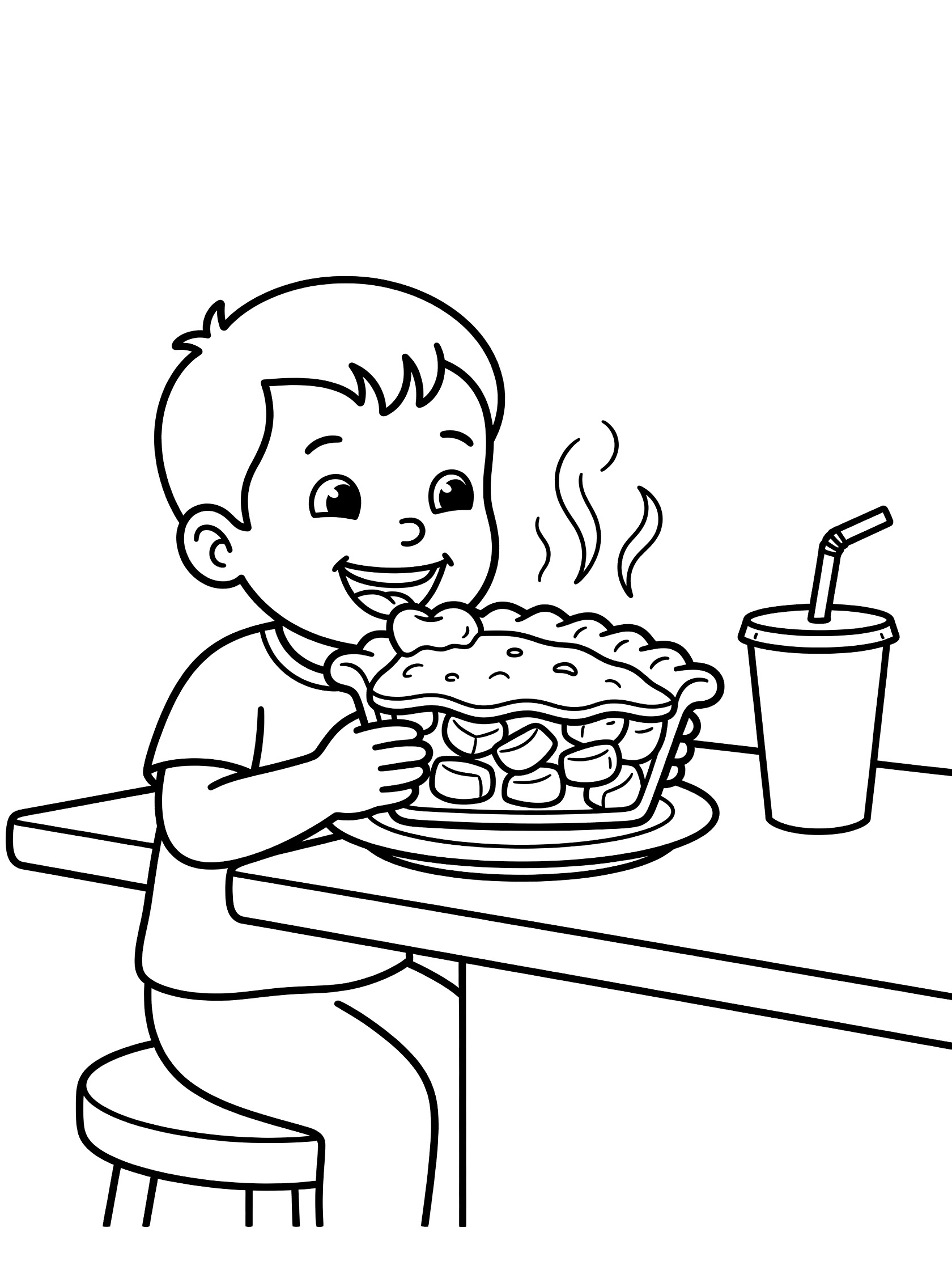 Black and white coloring page showing a cheerful boy eating a slice of apple pie with flaky crust and apple chunks, steam rising, soda cup on counter, sitting on stool.