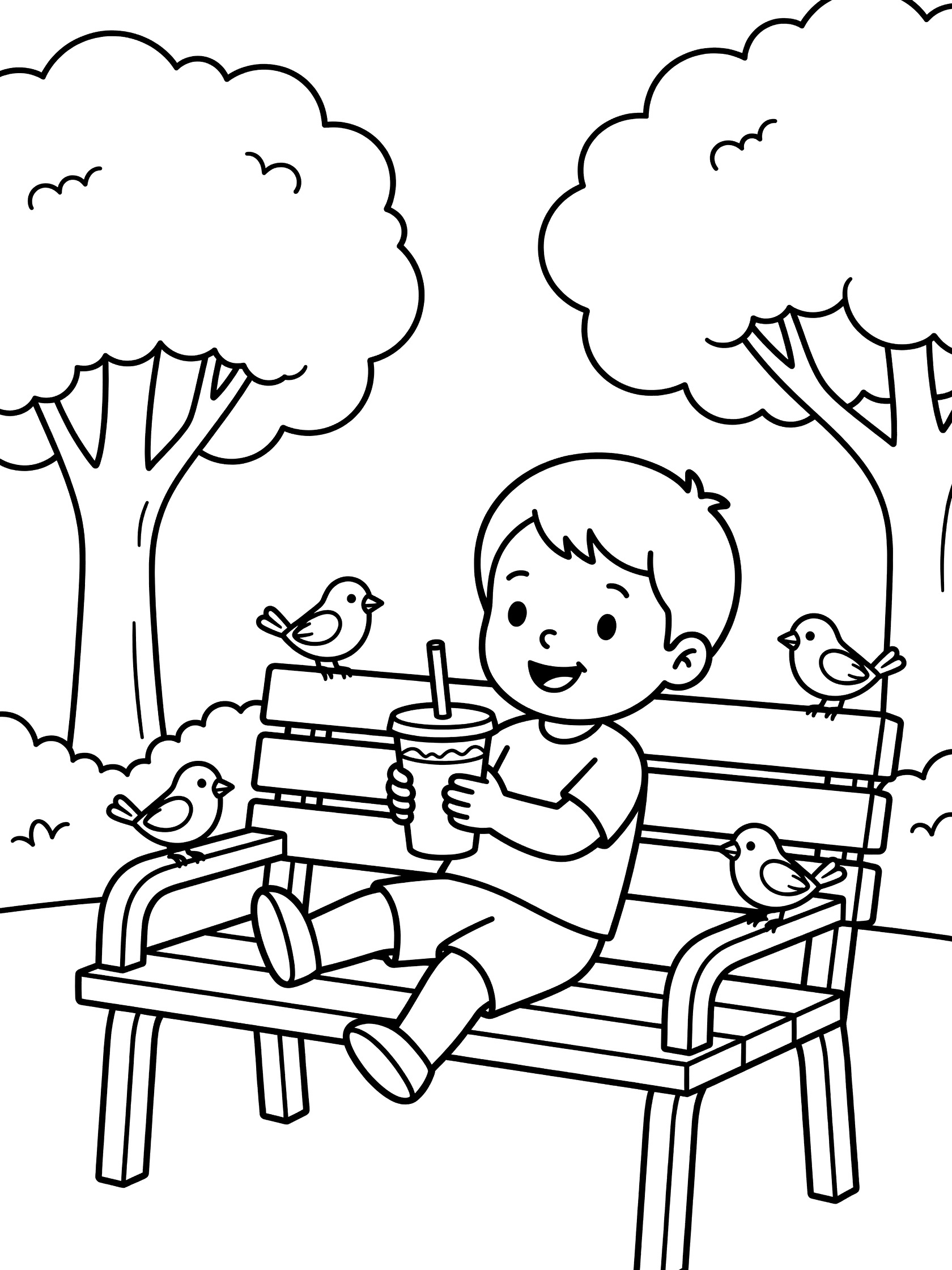 Coloring page showing a boy swinging his legs on a park bench while happily sipping a milkshake through a straw, with birds on the bench and trees around.