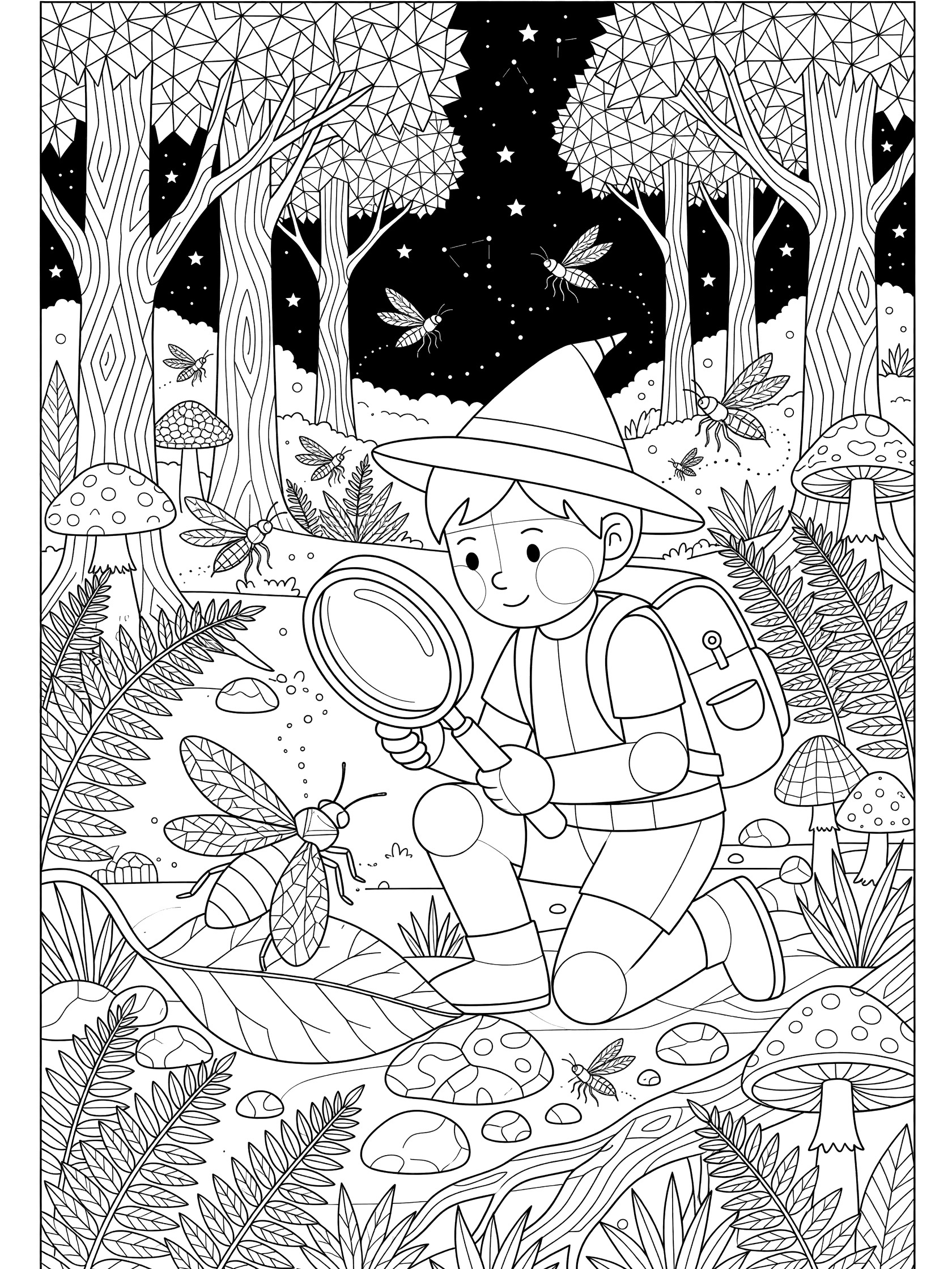 Black and white coloring page showing a geometric child explorer with hat and backpack closely looking at a large firefly on a leaf using a big magnifying glass in a detailed forest glade at night with stars, trees, ferns, mushrooms, and tiny fireflies.