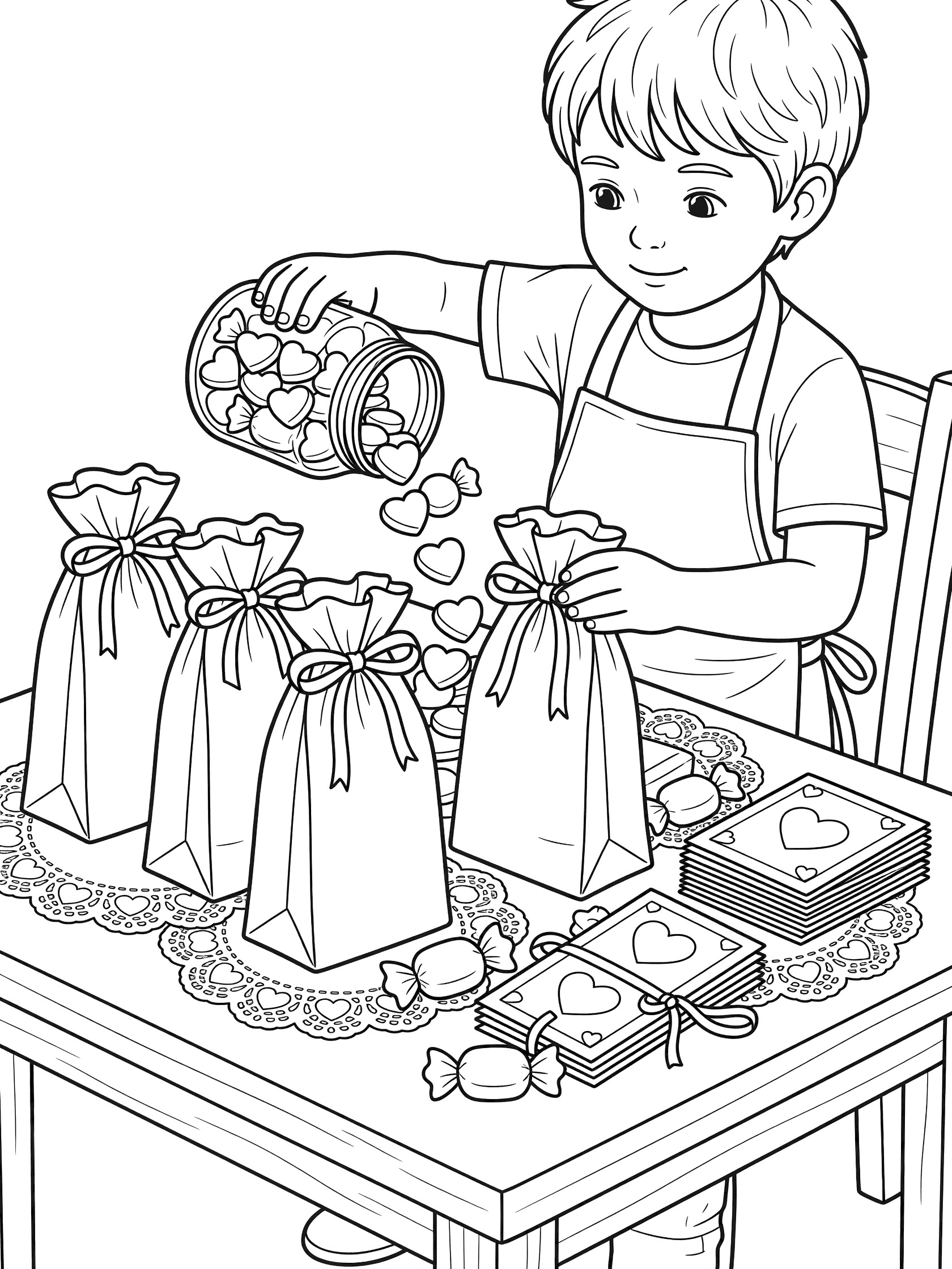 Line art coloring page showing a boy in an apron filling paper bags with colorful candy hearts and sweets for Valentine's Day, surrounded by cards on a doily-covered table.