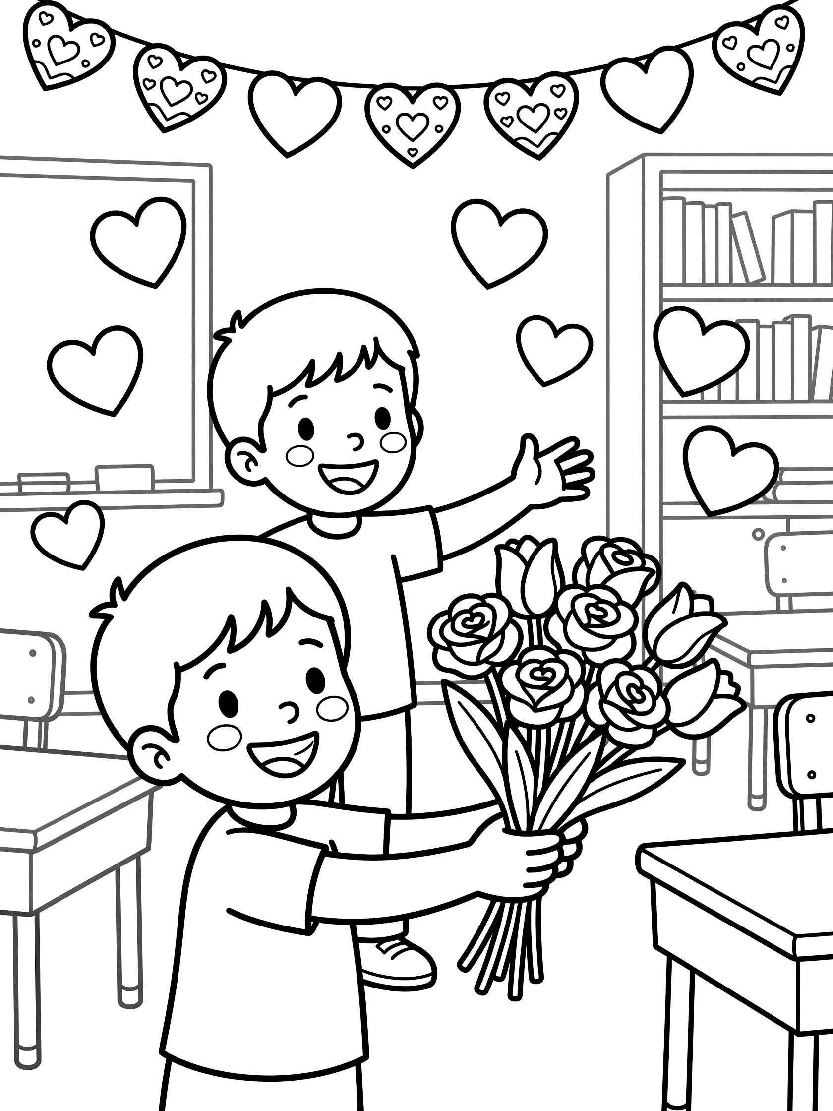 Black and white line art coloring page showing a child presenting a bouquet of roses and tulips to another child in a classroom decorated with floating Valentine's Day hearts and banners.