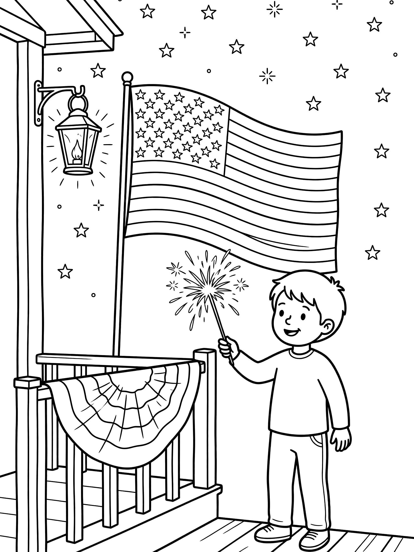 Line art coloring page showing a happy child holding a sparkling sparkler close to an American flag draped over the porch railing, with evening stars and a lantern.