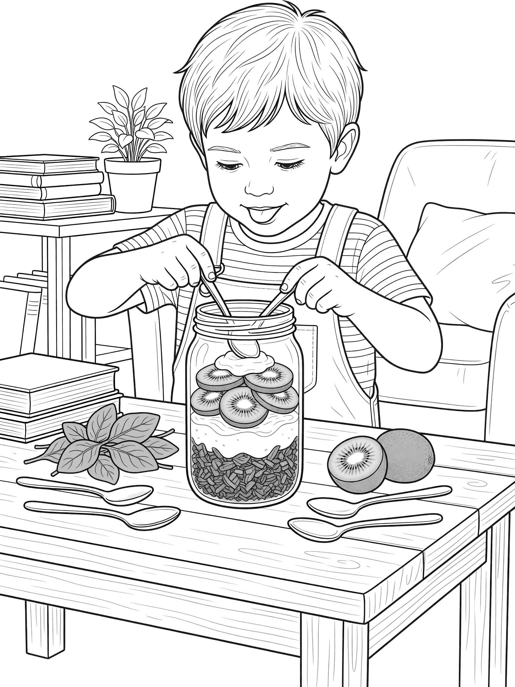 Line art coloring page showing a boy carefully adding spinach leaves, kiwi slices and yogurt layers into a mason jar for a green smoothie, with spoons and veggies on a wooden table.