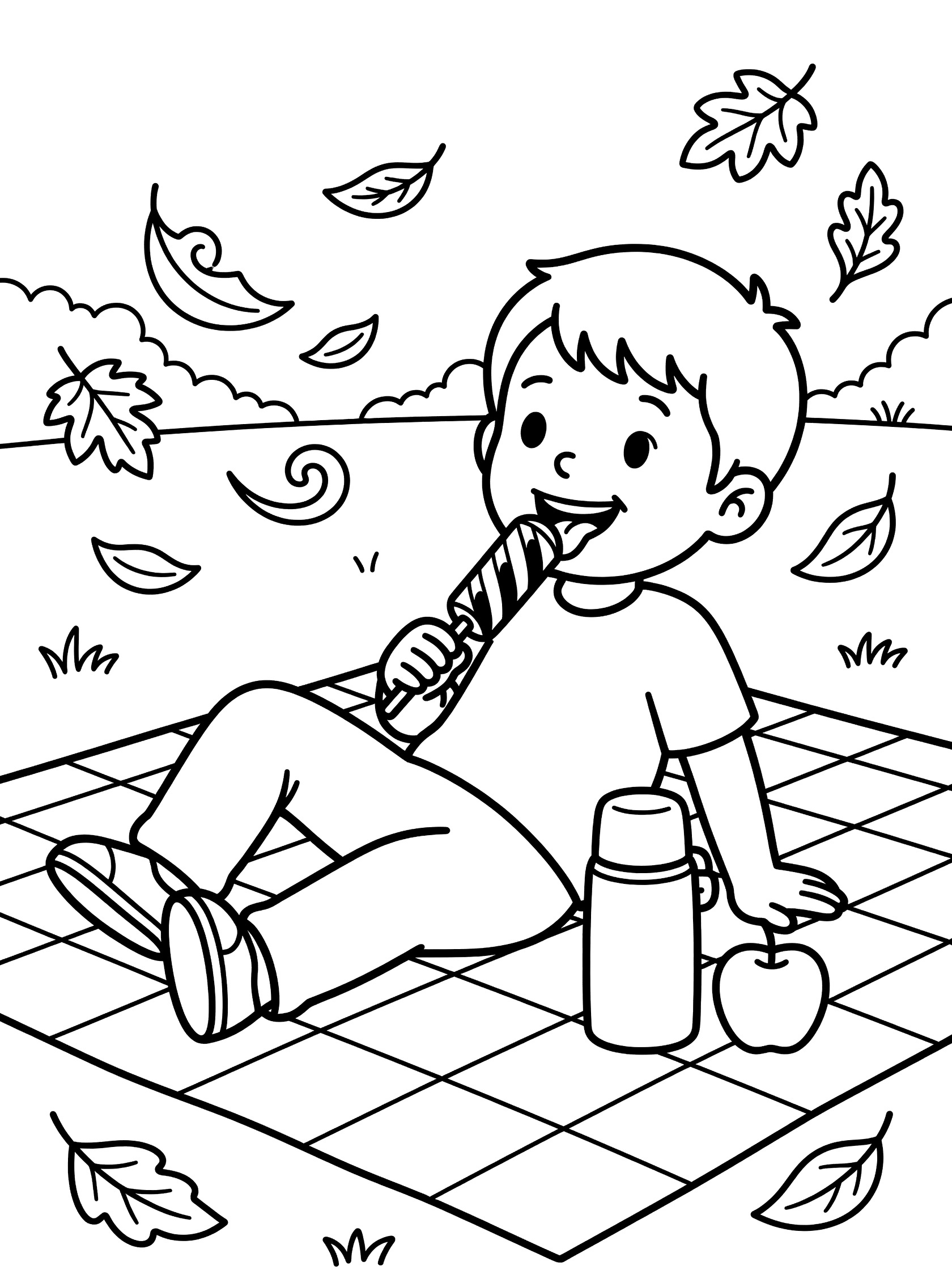 Child happily licking a striped lollipop while sitting on a checkered picnic blanket at the park with swirling leaves, thermos, and apple