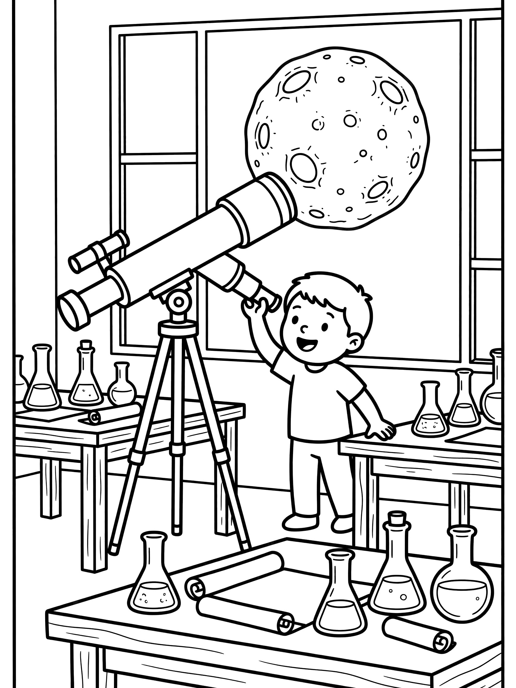 Cute cartoon coloring page showing a boy peering through a tripod telescope at a detailed cratered moon visible through a lab window, surrounded by beakers and star charts.
