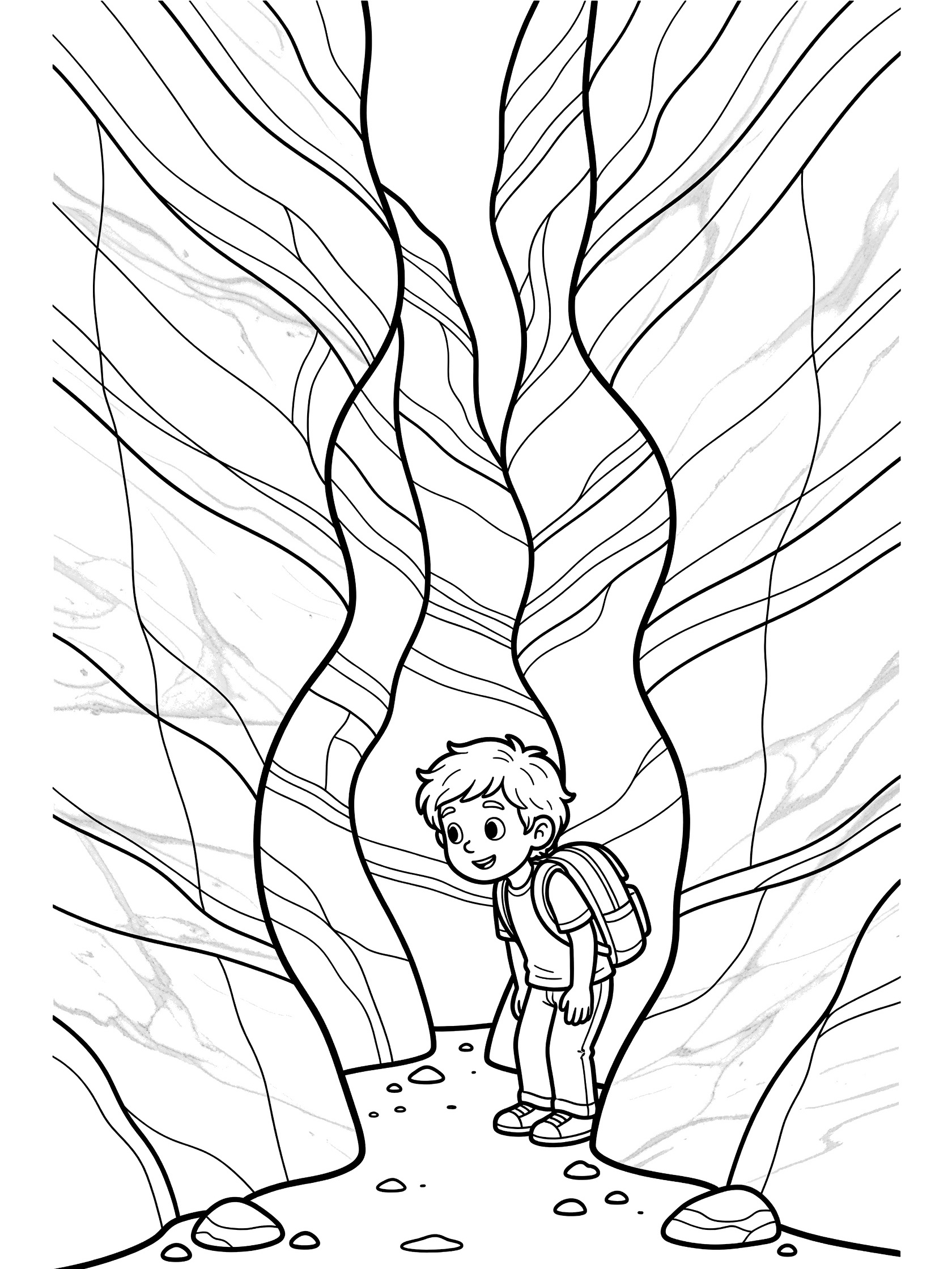Line art coloring page showing a child with backpack looking into tight Death Valley slot canyon with marble-like walls and rocks on the ground.