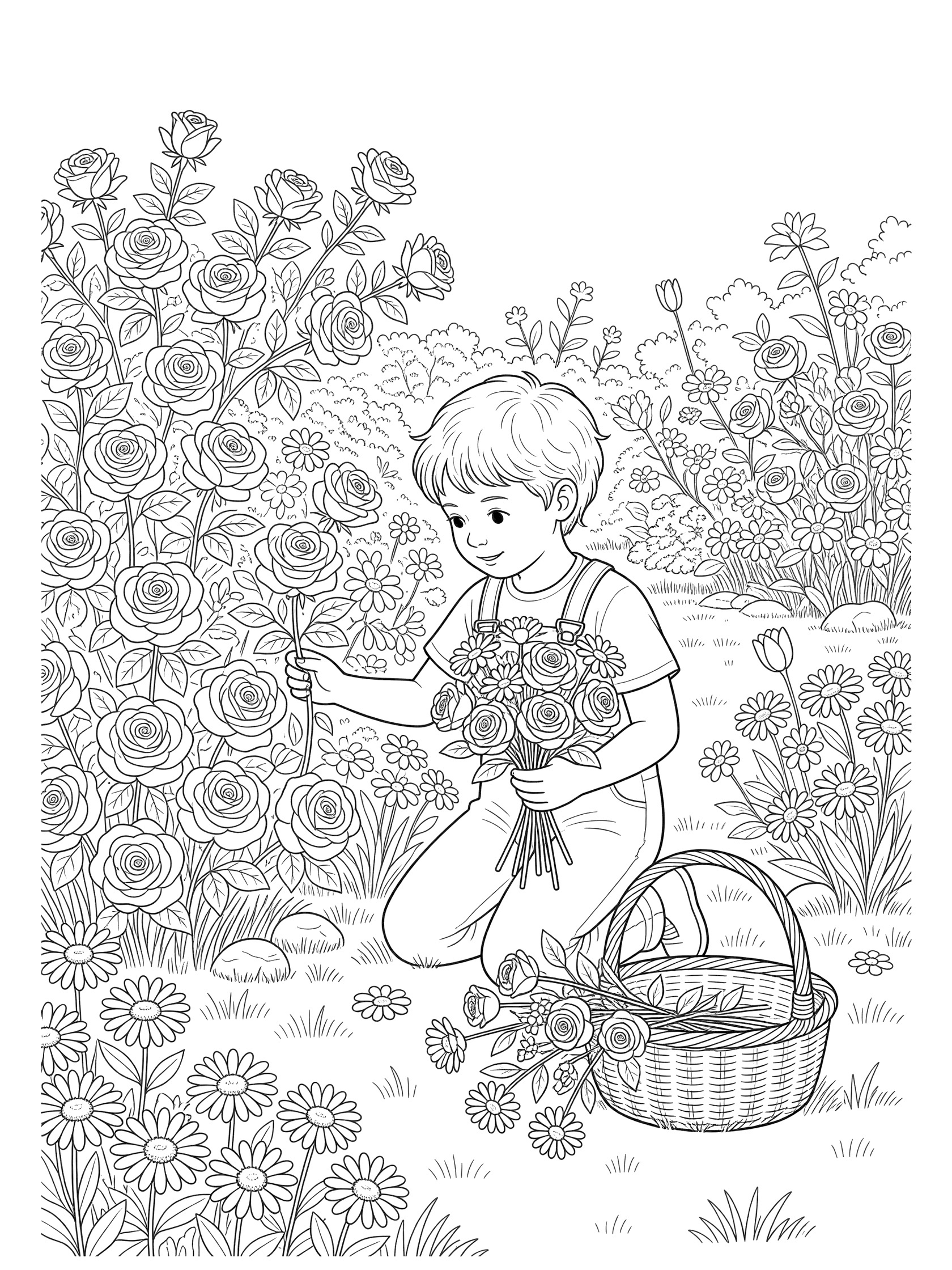 Black and white line art of a boy picking flowers like roses and daisies from bushes in a garden to make a bouquet of love, with a basket beside him.