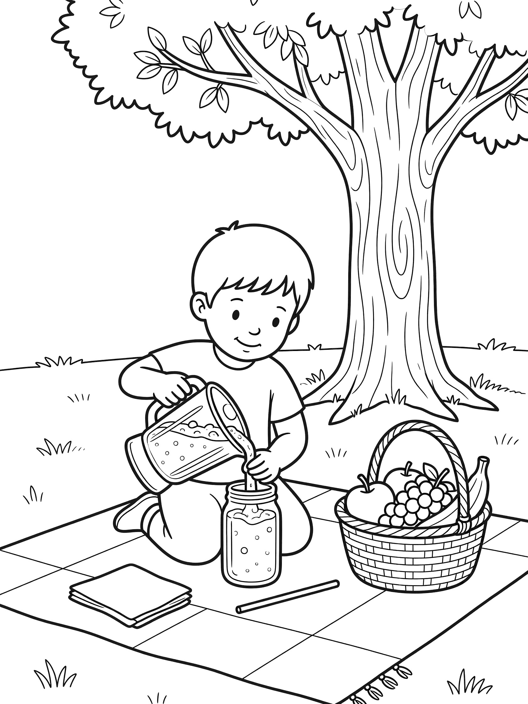 Coloring page showing a happy child at a picnic pouring berry smoothie into a jar from a blender, with tree, blanket, fruit basket, straw and napkin.