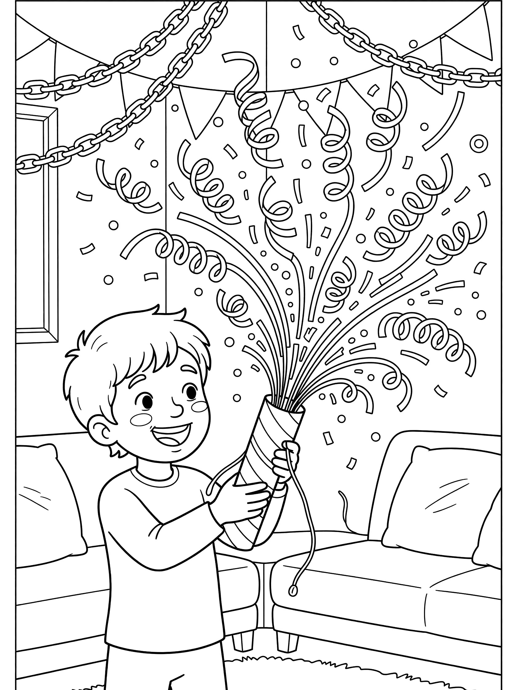 Line art coloring page showing a boy excitedly pulling the string on a party popper, with colorful streamers flying up and confetti in the air, surrounded by hanging garlands.