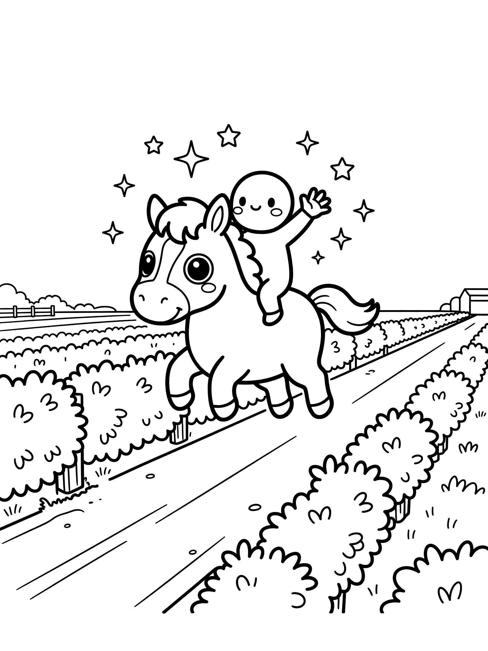 Black and white line art coloring page showing a chibi-style horse with big eyes jumping over bushy fence on path, happy child rider waving with stars around. Show Jumping themed black and white printable line art