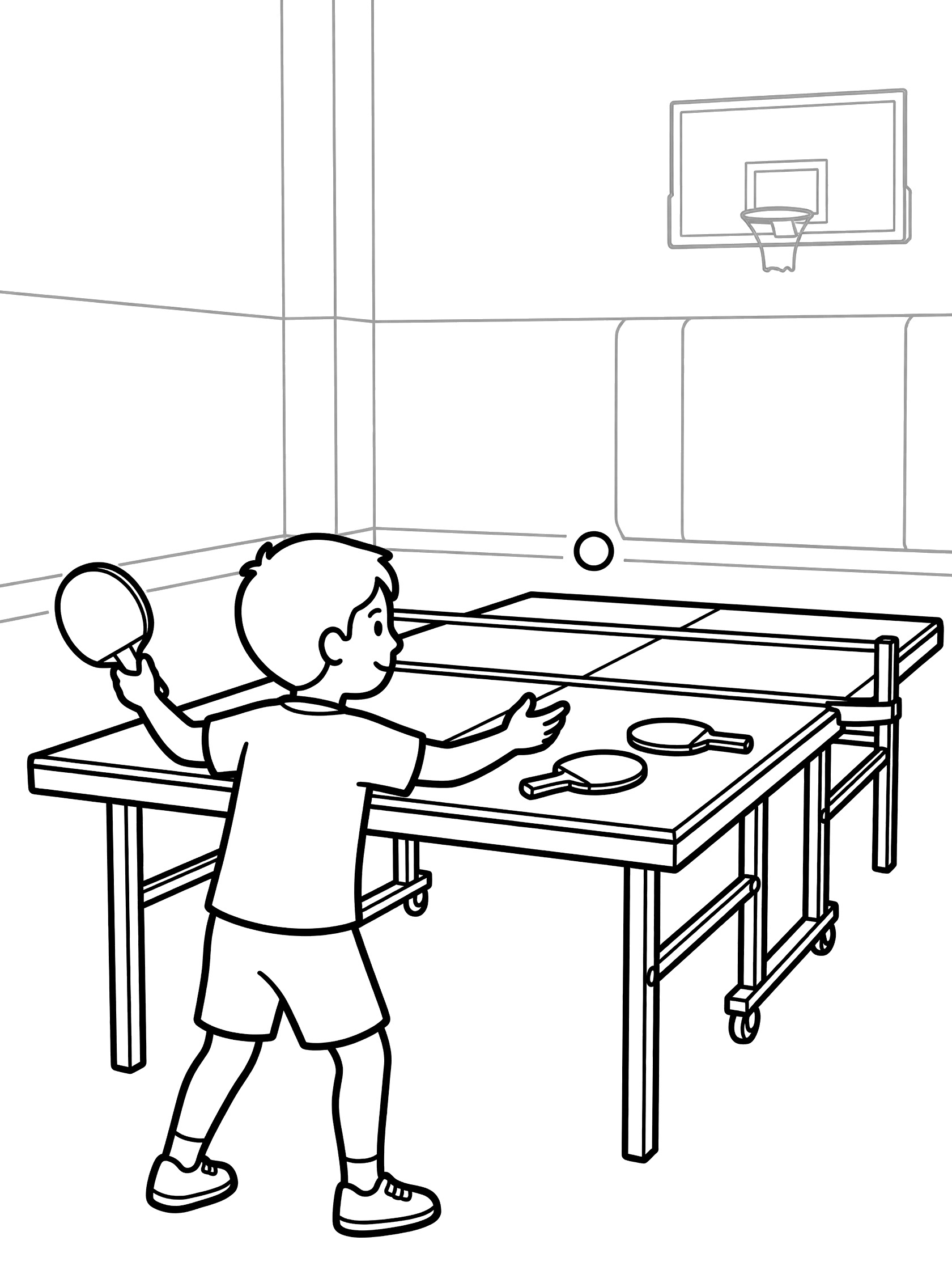 Line art coloring page showing a boy in shorts and t-shirt serving a ping pong ball across the table with paddles nearby in a gymnasium with basketball hoop.