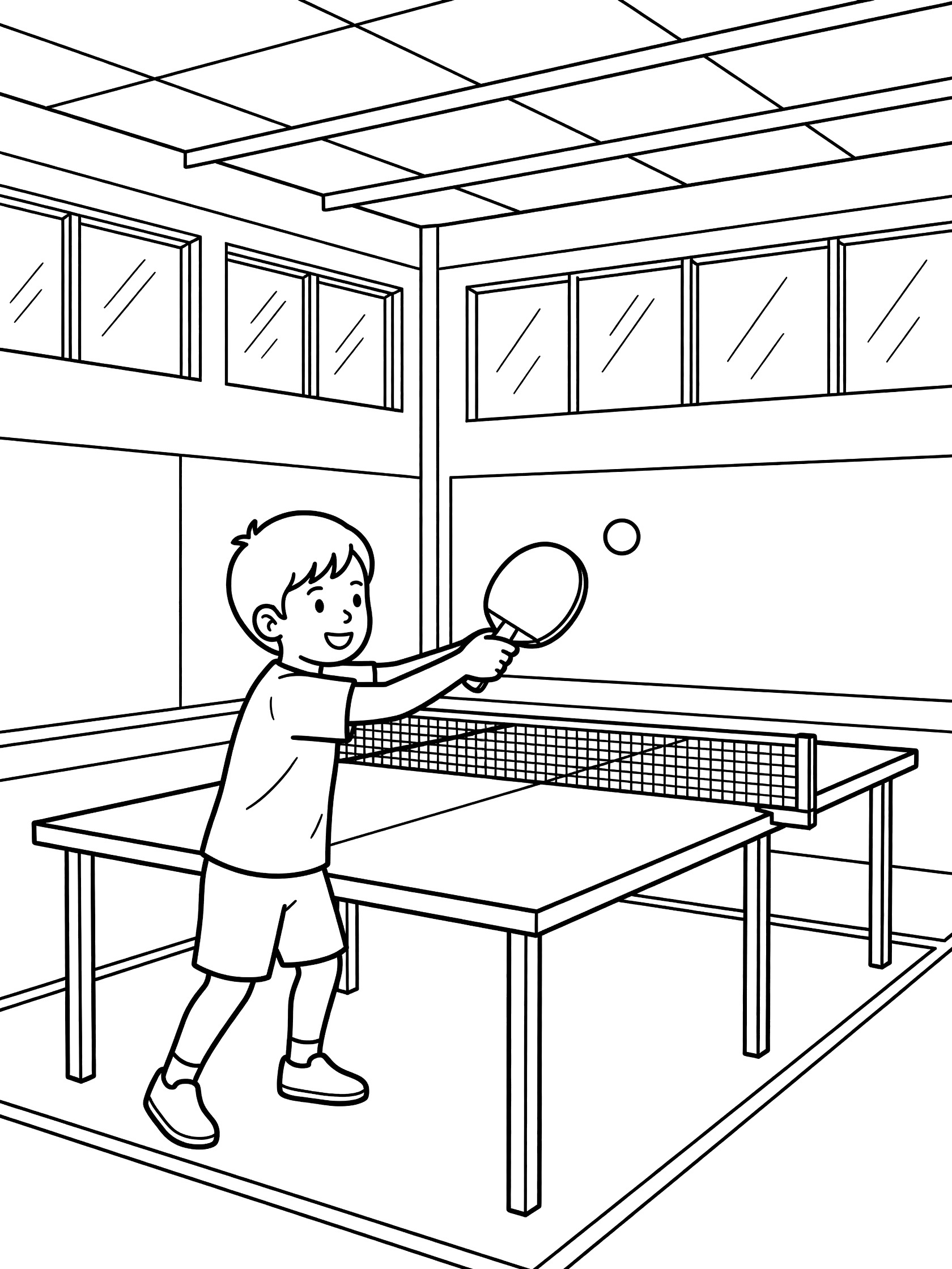Line art coloring page showing a smiling boy mid-serve hitting ping pong ball over the net on a table tennis setup with gym background