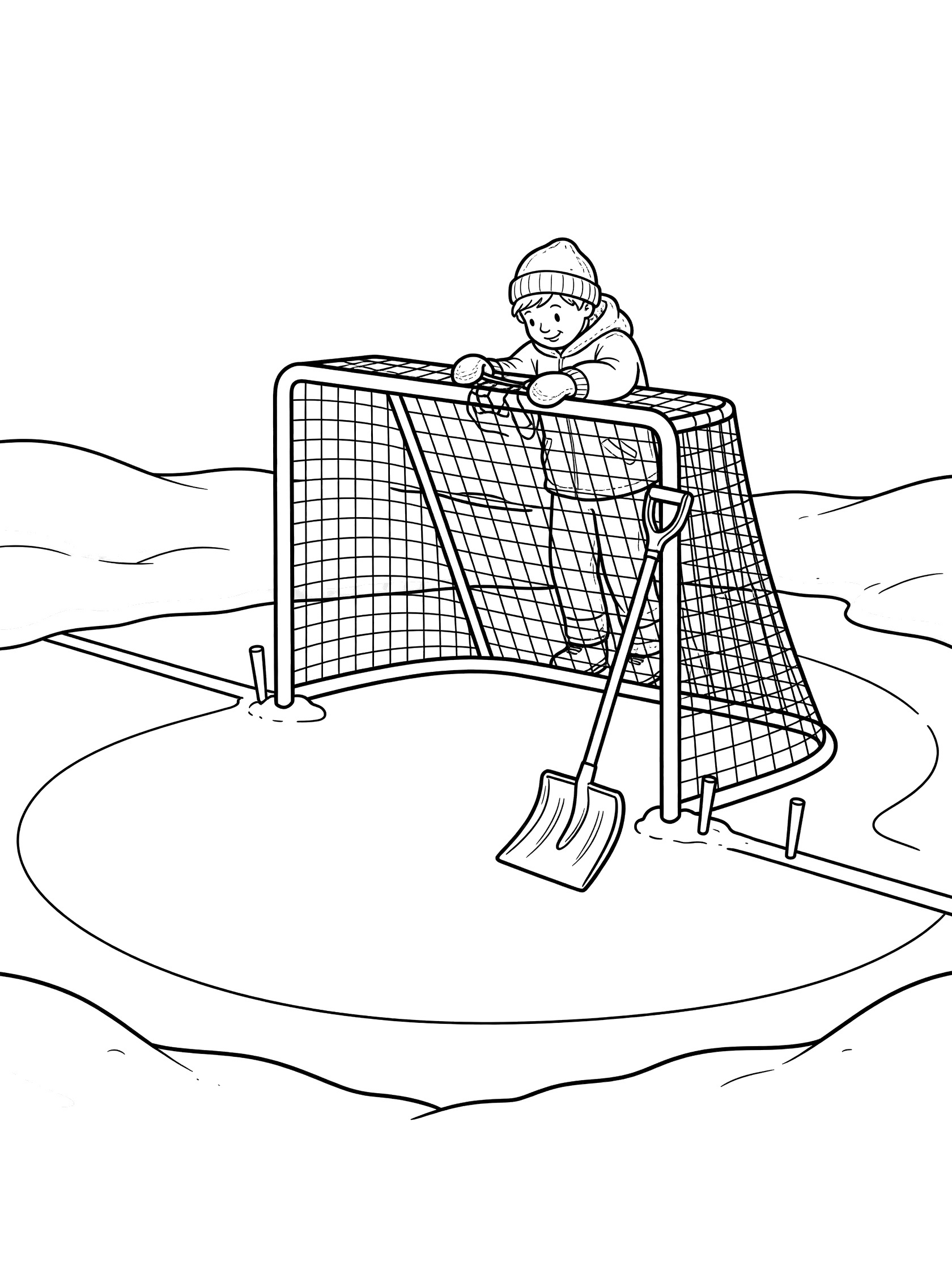 Black and white line drawing of a child in winter clothes attaching mesh to an empty hockey net on a snowy backyard rink with stakes and shovel