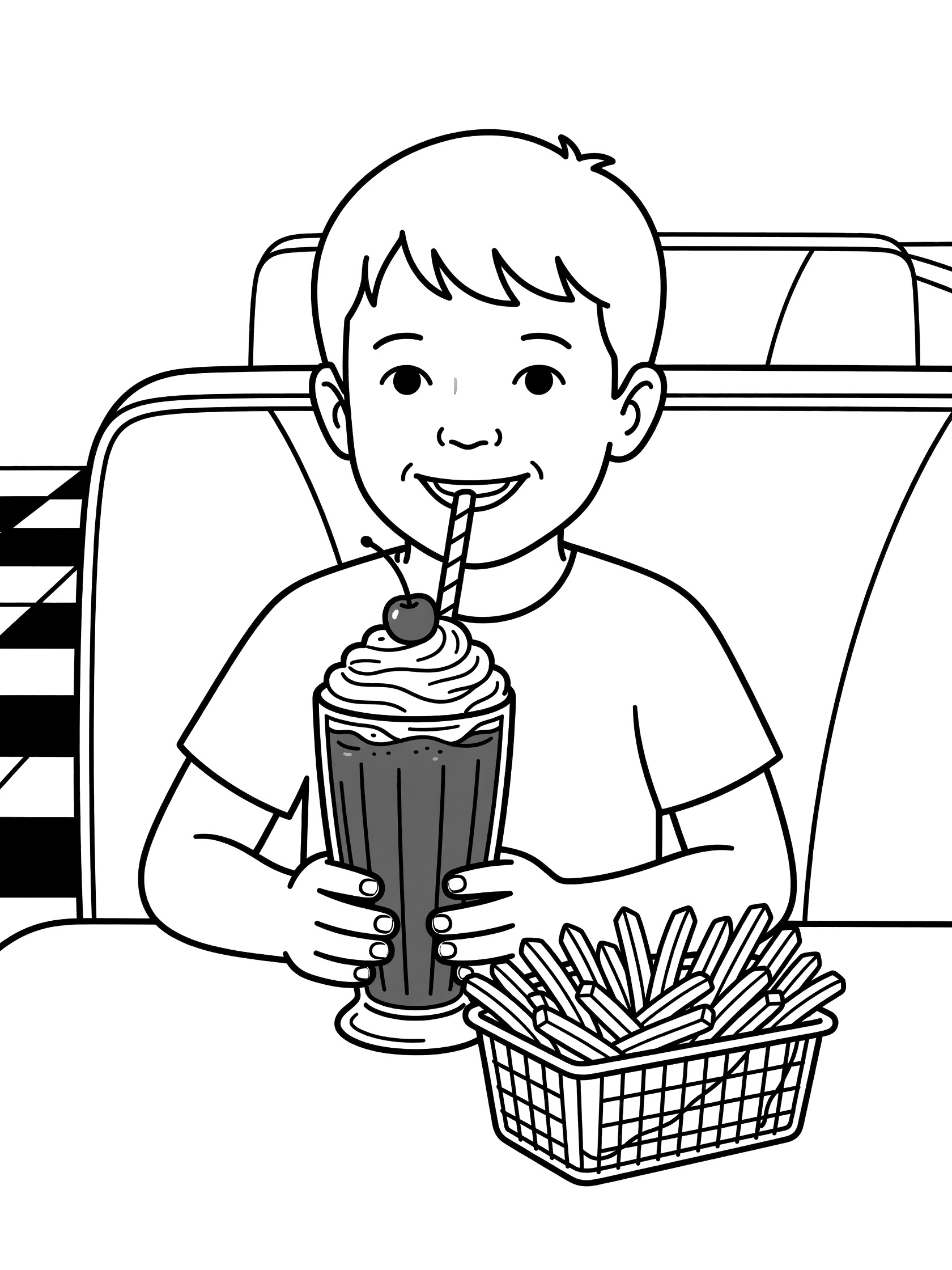 Child happily sipping tall chocolate milkshake at cozy diner booth coloring page with fries