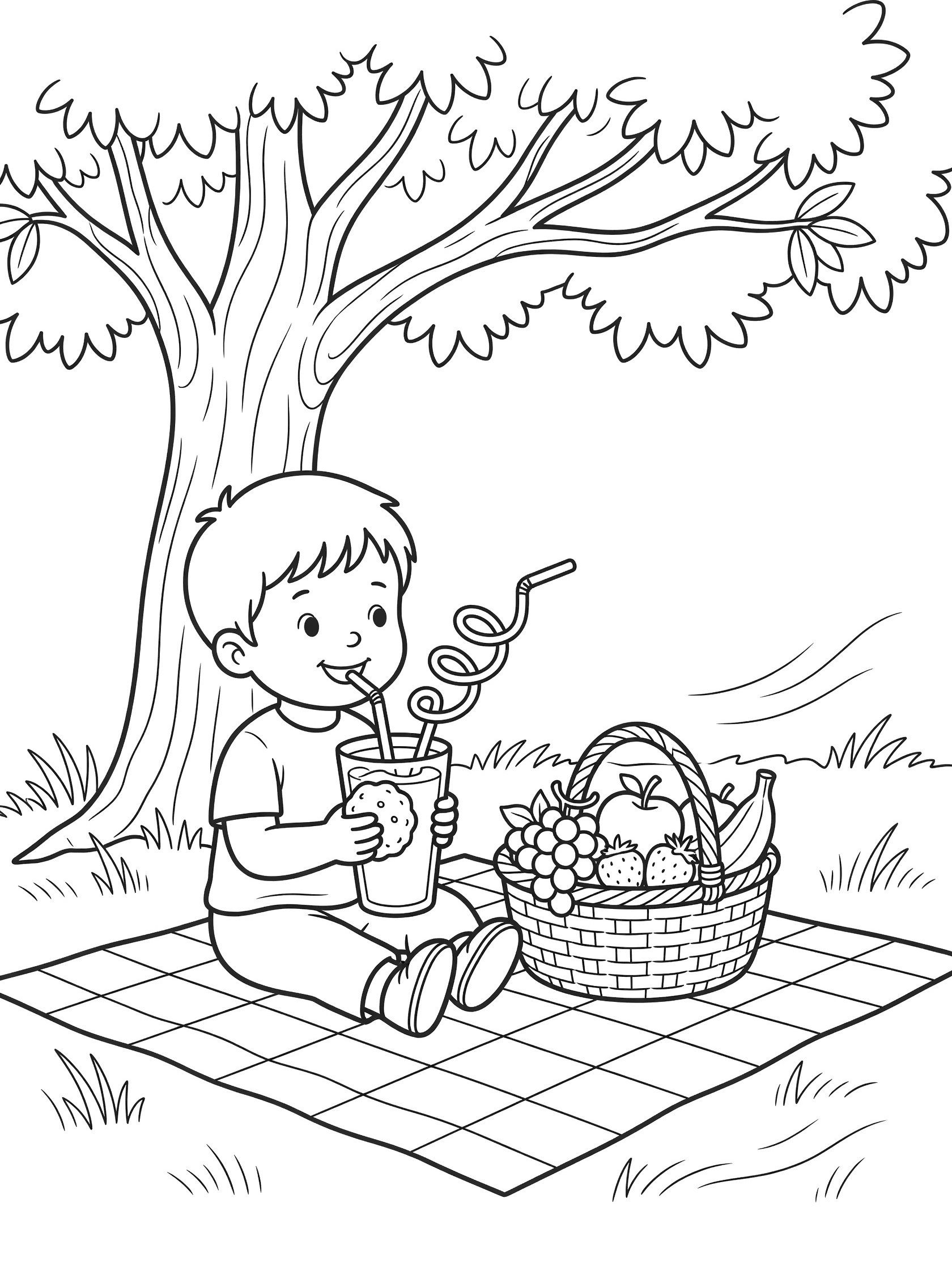 Coloring page showing a happy child on a picnic blanket under a tree, drinking milkshake with curly straw while holding a cookie, next to a basket of fruits.