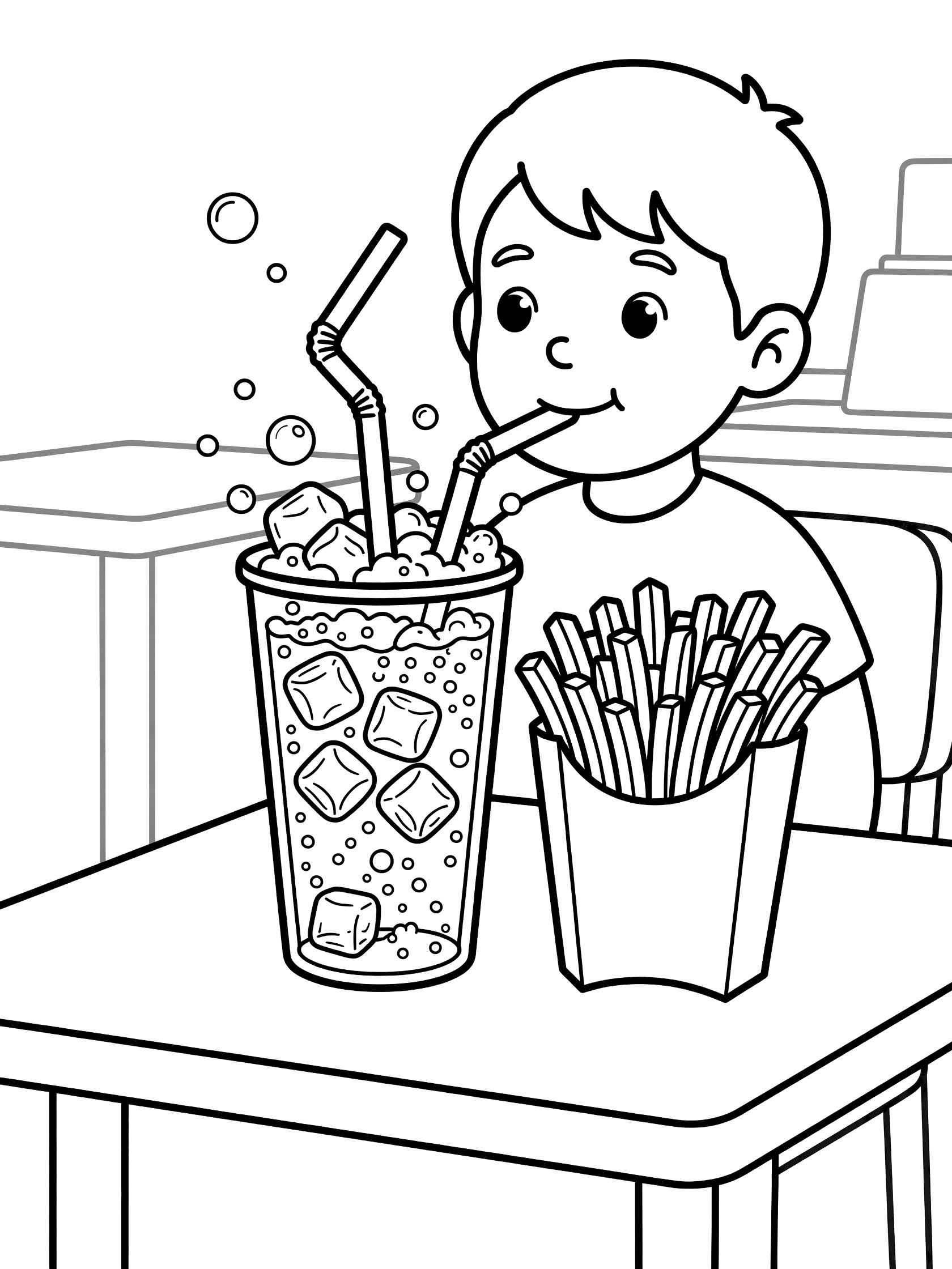 Coloring page showing a happy child at a fast food table sipping bubbly soda from a tall cup with colorful bendy straw, ice cubes, fizz bubbles, and a container of french fries