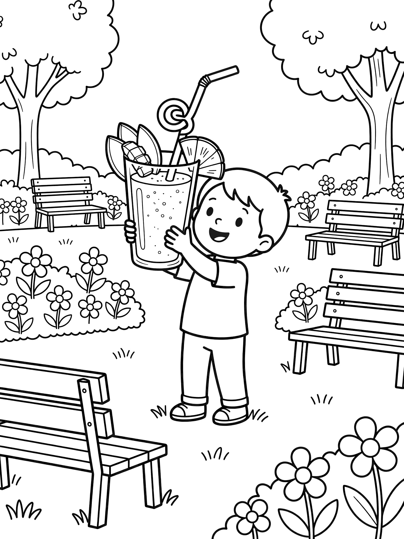 Coloring page showing a child in a park happily sipping a tall tropical smoothie glass decorated with mango, pineapple and lime slices through a curly straw, surrounded by benches, trees and flowers.