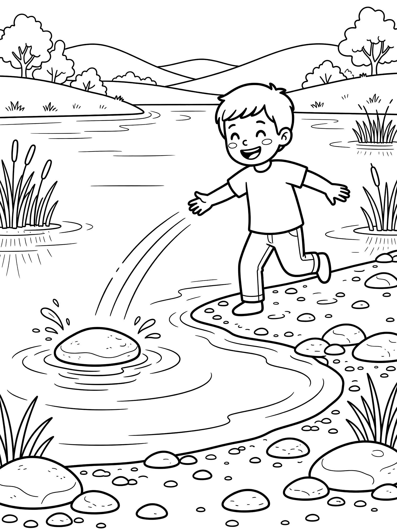 Whimsical line art coloring page showing a joyful child skipping a stone on a lake with ripples, shore rocks, reeds and background hills.