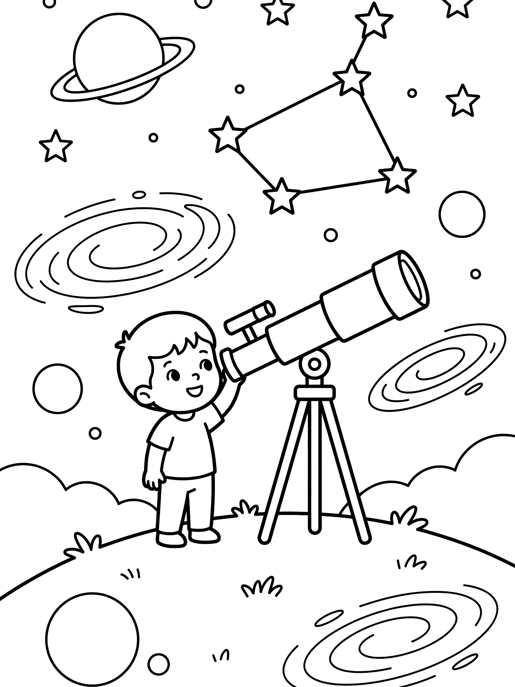 Cute cartoon child standing on grassy hill using large telescope to view Big Dipper constellation with connected stars, distant planets, swirling galaxies, and starry night sky coloring page