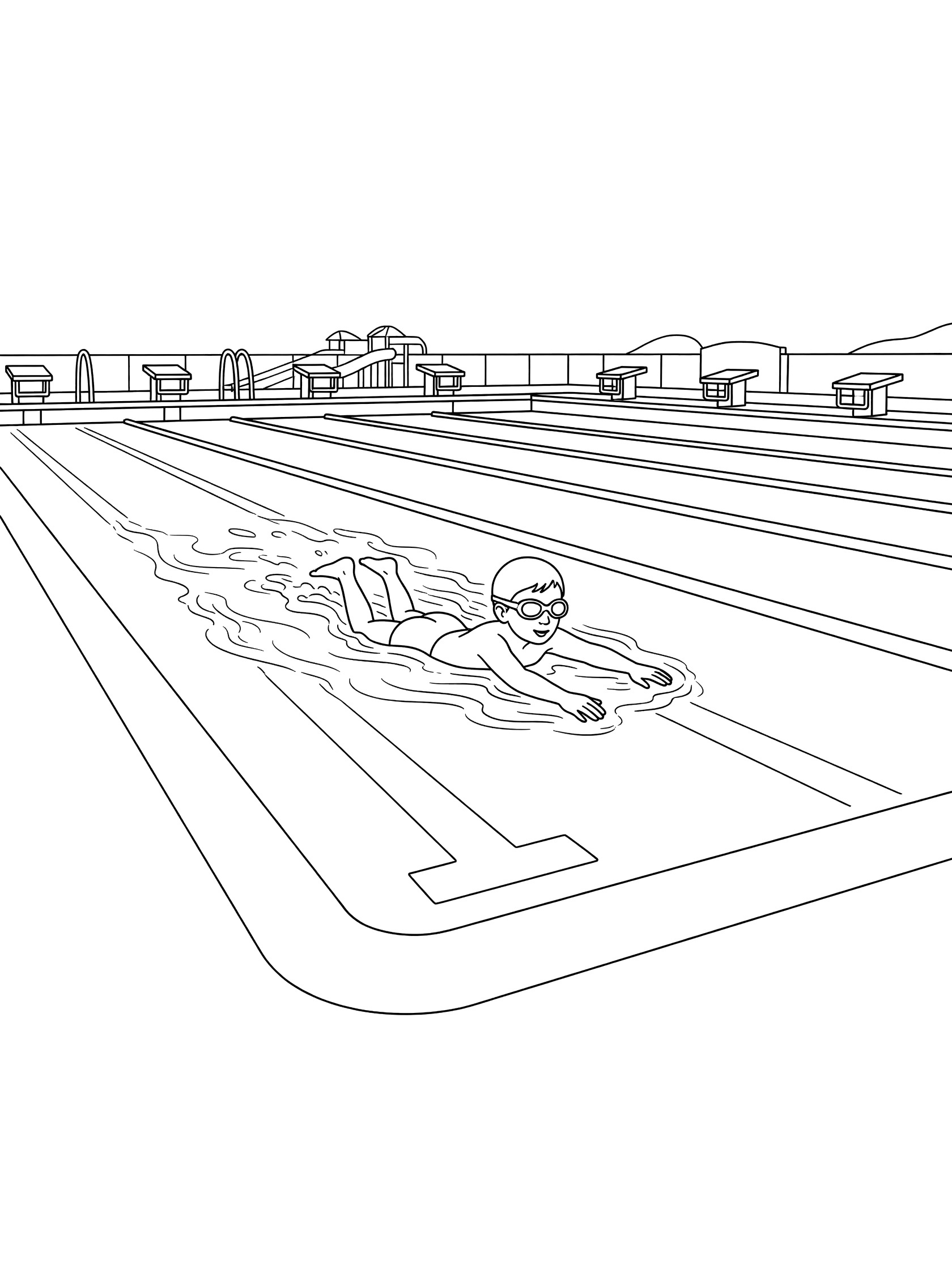 Line art coloring page showing a kid doing breaststroke swim across a rectangular water park pool with lanes, blocks, and splash lines