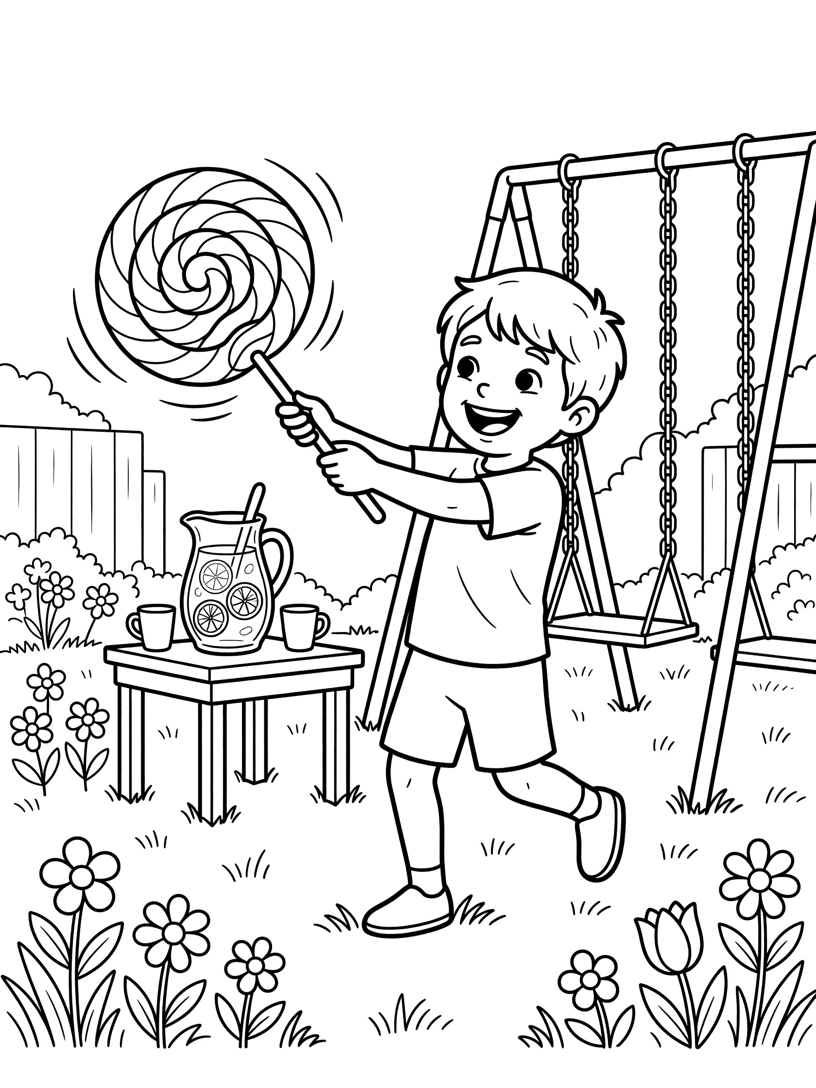 Child energetically twirling a large spiral lollipop near a lemonade pitcher and swing set in a backyard coloring page