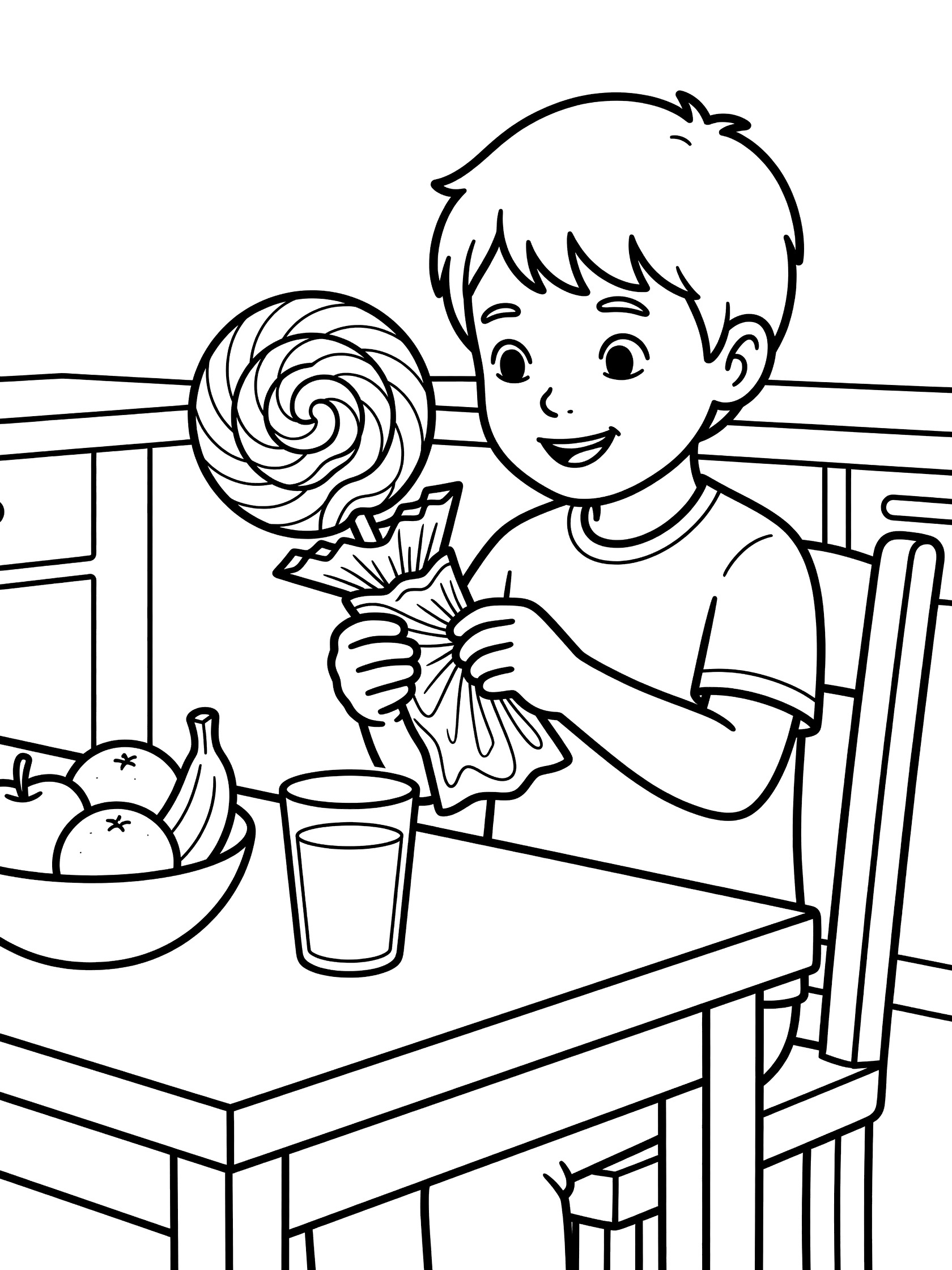 Line art coloring page showing a boy eagerly unwrapping a large swirly lollipop from its wrapper, sitting at a kitchen table with a glass of juice and bowl of apples and bananas.