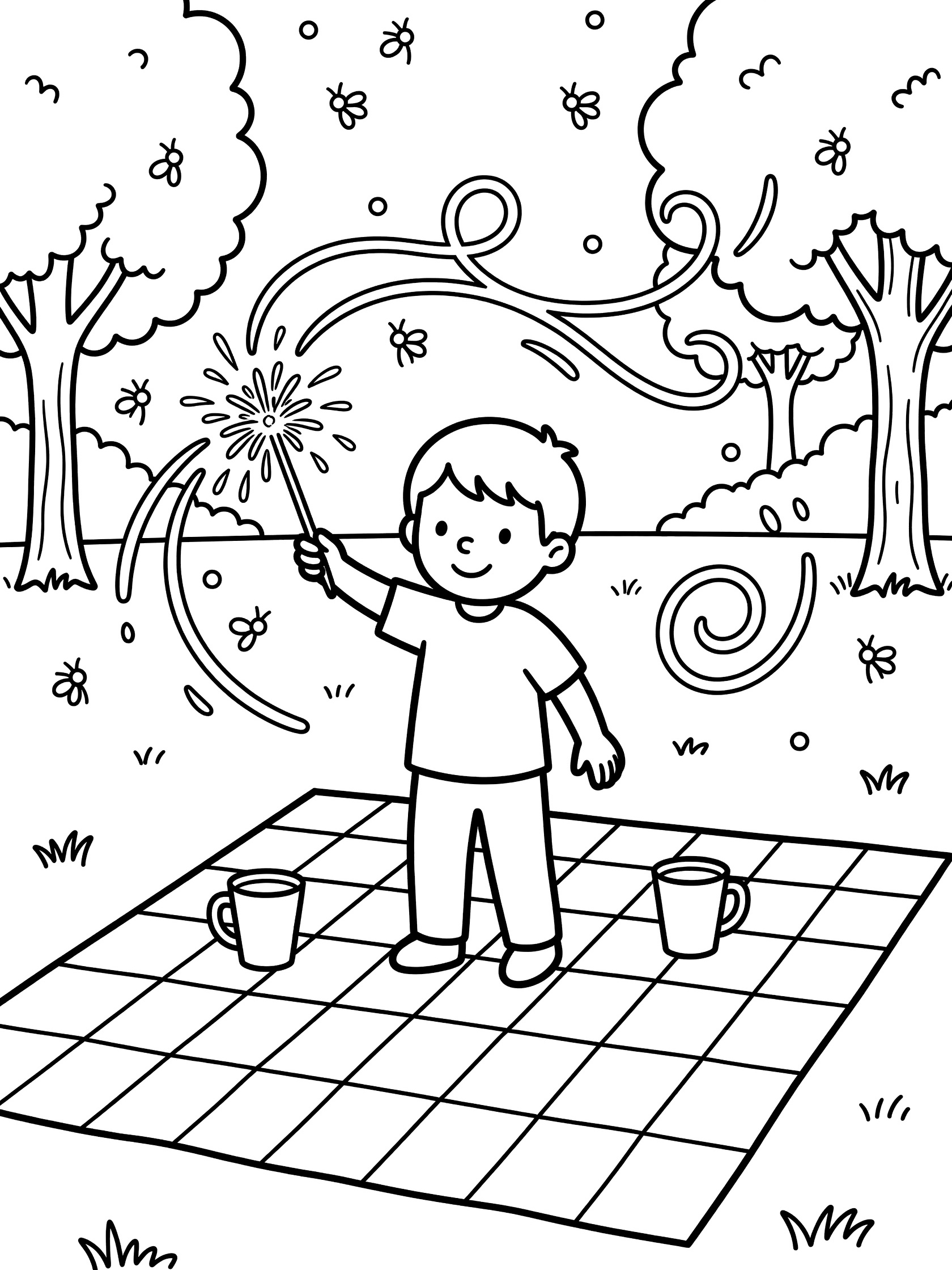Black-and-white coloring page of a child holding a sparkler making swirls and loops in the air at a 4th of July picnic with checkered blanket, lemonade cups, fireflies, trees, and grass.
