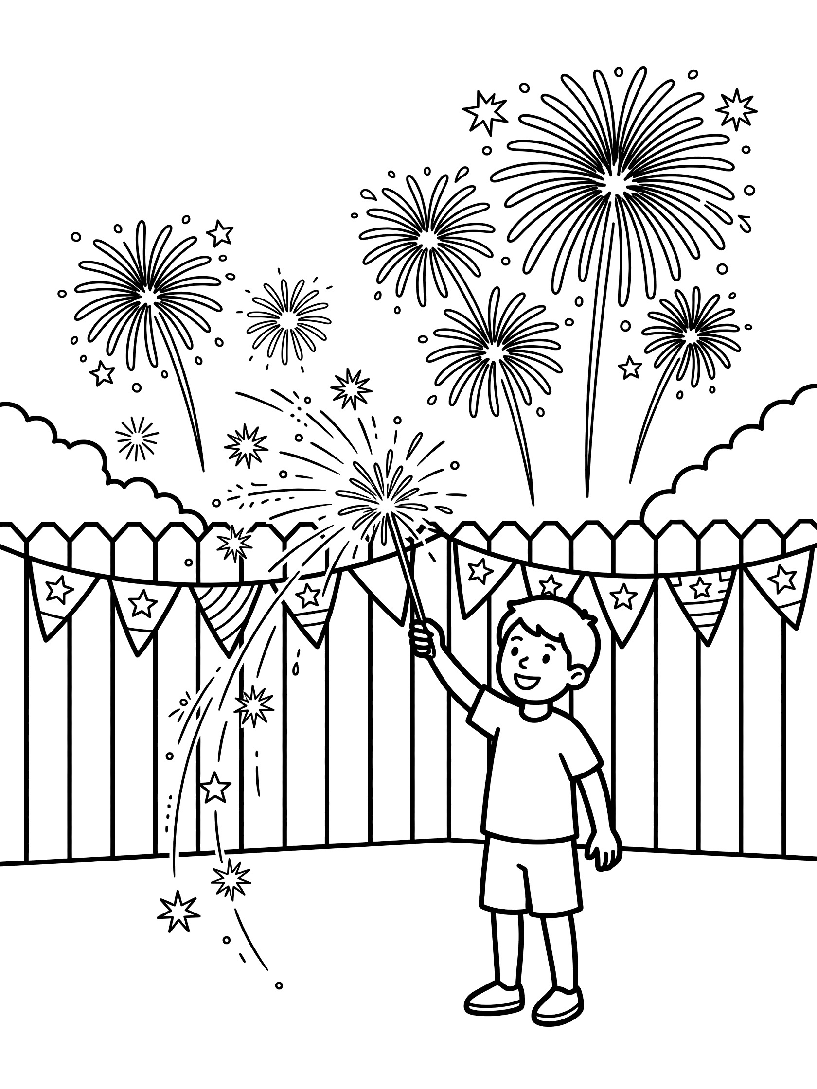 Black and white line art coloring page showing a smiling child in shorts holding a sparkler high, creating trails, with bunting on a backyard fence and fireworks in the sky at dusk.
