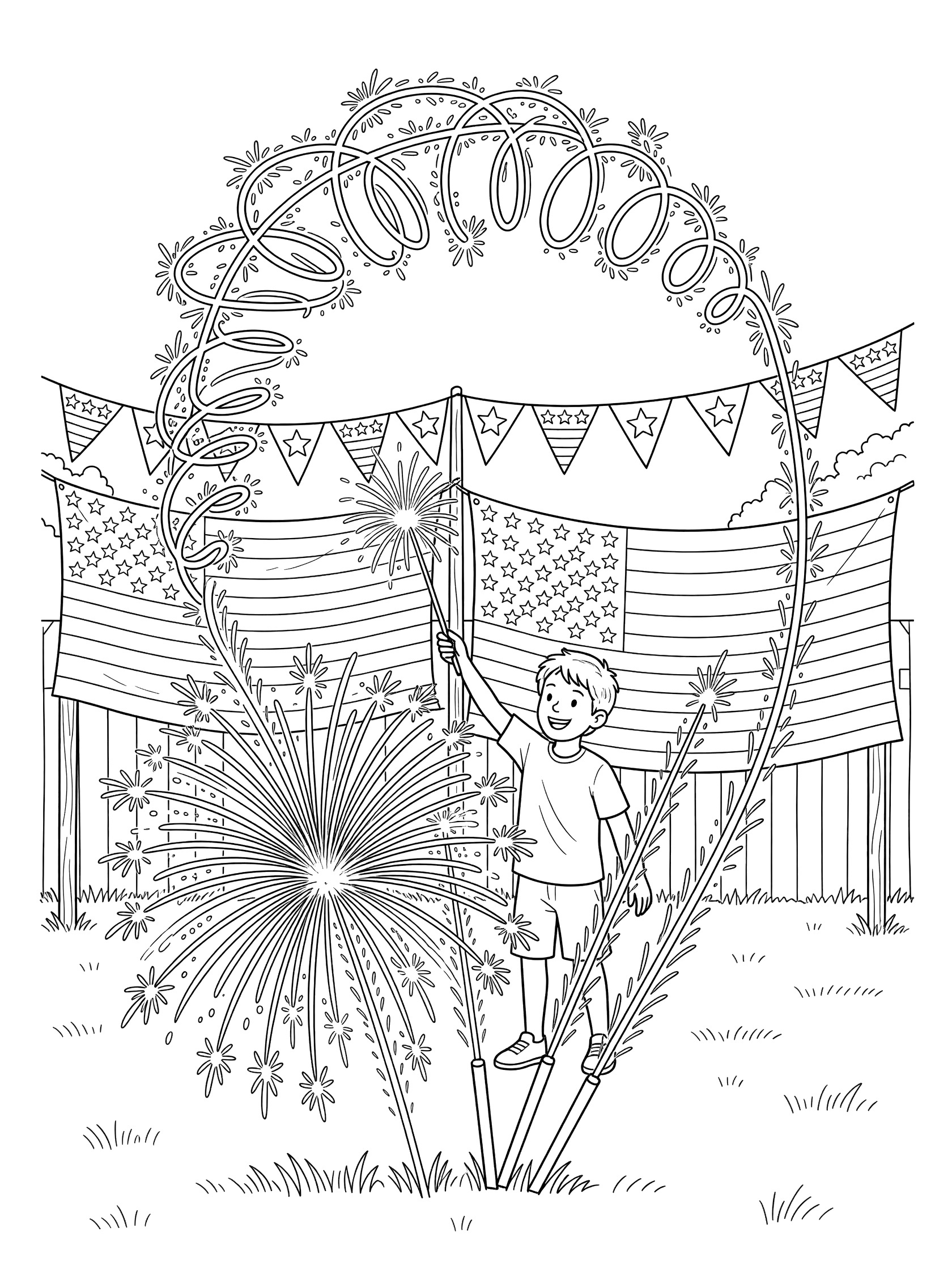 Sparkler coloring page showing a happy child in shorts waving a sparkler creating a long trail above ground fireworks and American flag banners in the backyard.