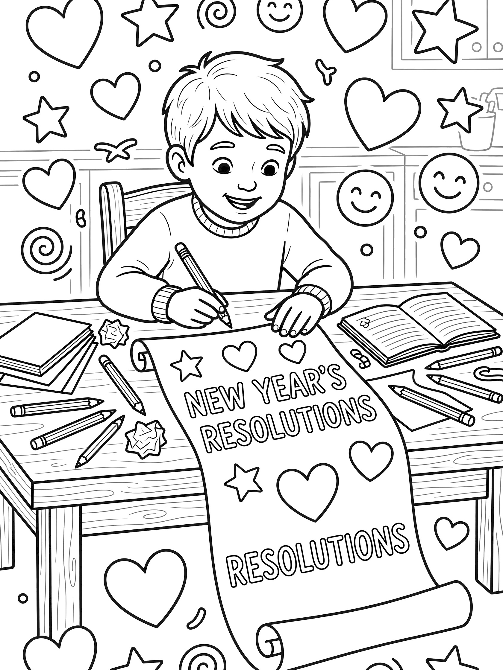 Coloring page showing a boy in a sweater eagerly writing Happy New Year resolutions on a large scroll at a kitchen table, with scattered pencils, books, hearts, stars, and doodles.