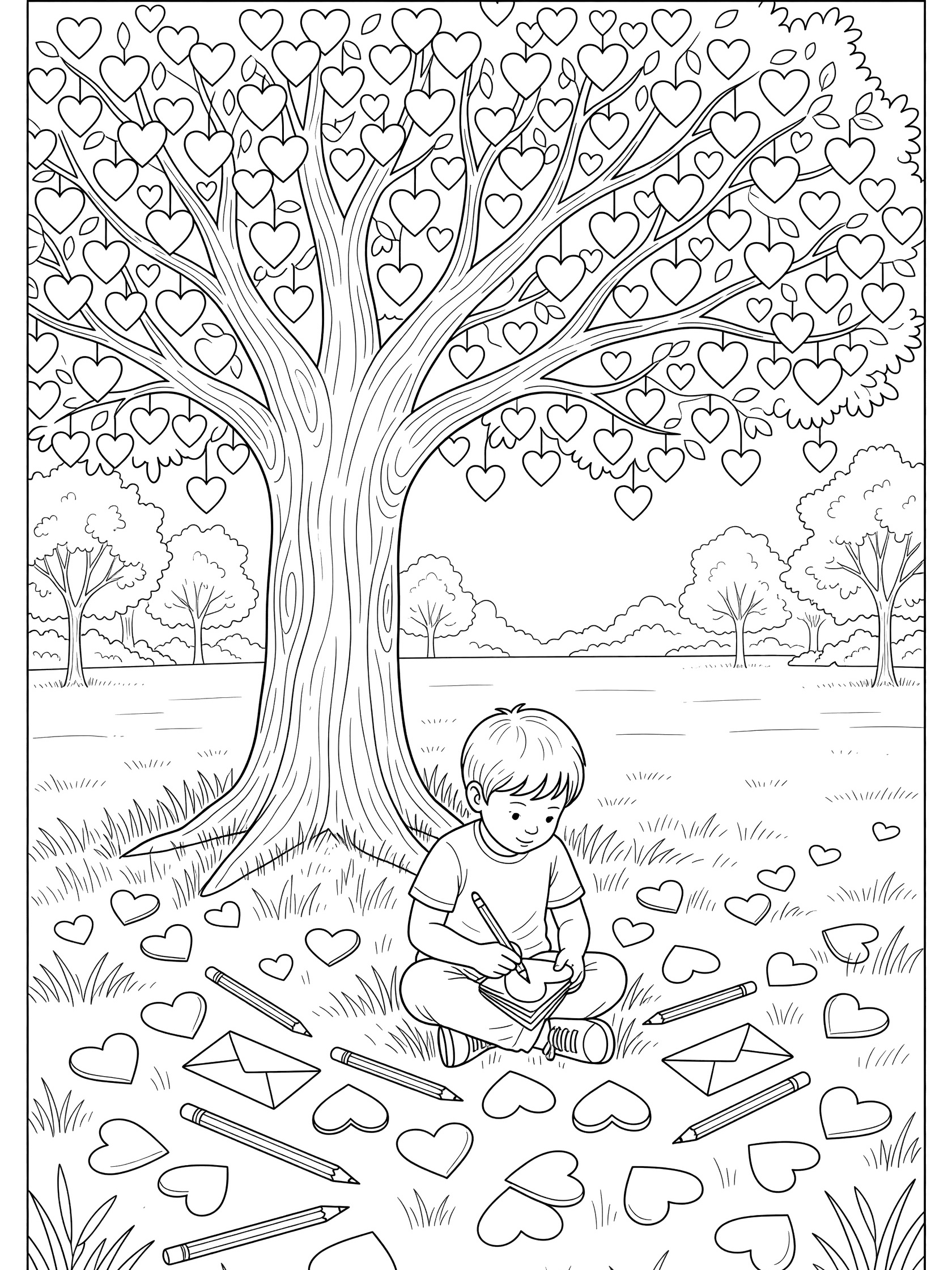 Valentine's Day coloring page showing a kid sitting on grass writing sweet notes under a heart-shaped leaf tree with pencils and envelopes scattered around