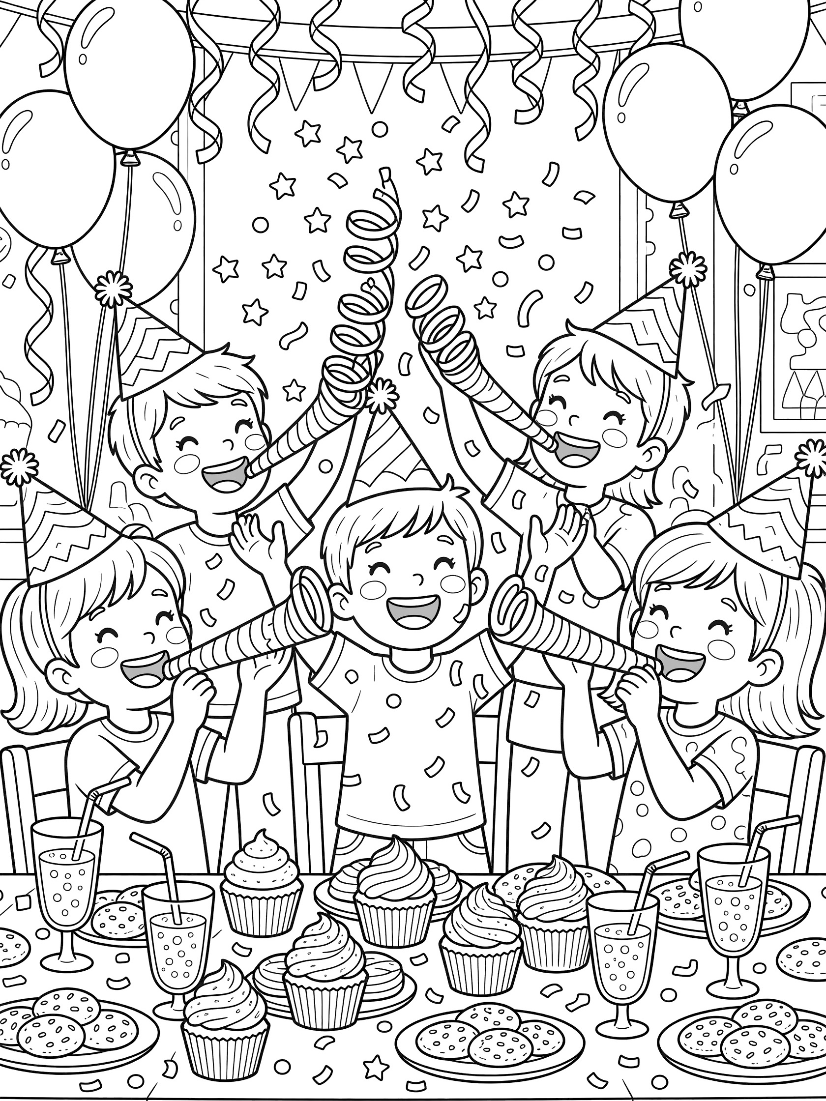 Group of joyful kids blowing colorful party horns and throwing confetti in a 2024 New Year's party room with balloons, streamers, and table treats coloring page